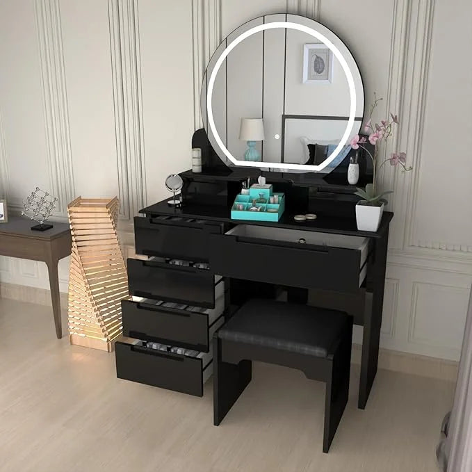 Glossique High Gloss Dressing Table with LED Mirror & Stool