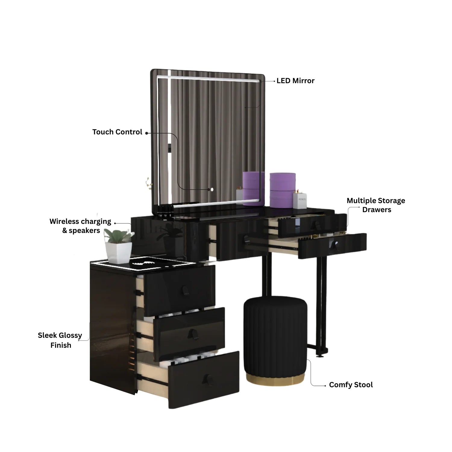 Urban Furnishing Modern Wide Vanity Set with LED Mirror, Black Glass Top, and 3-Drawer Storage