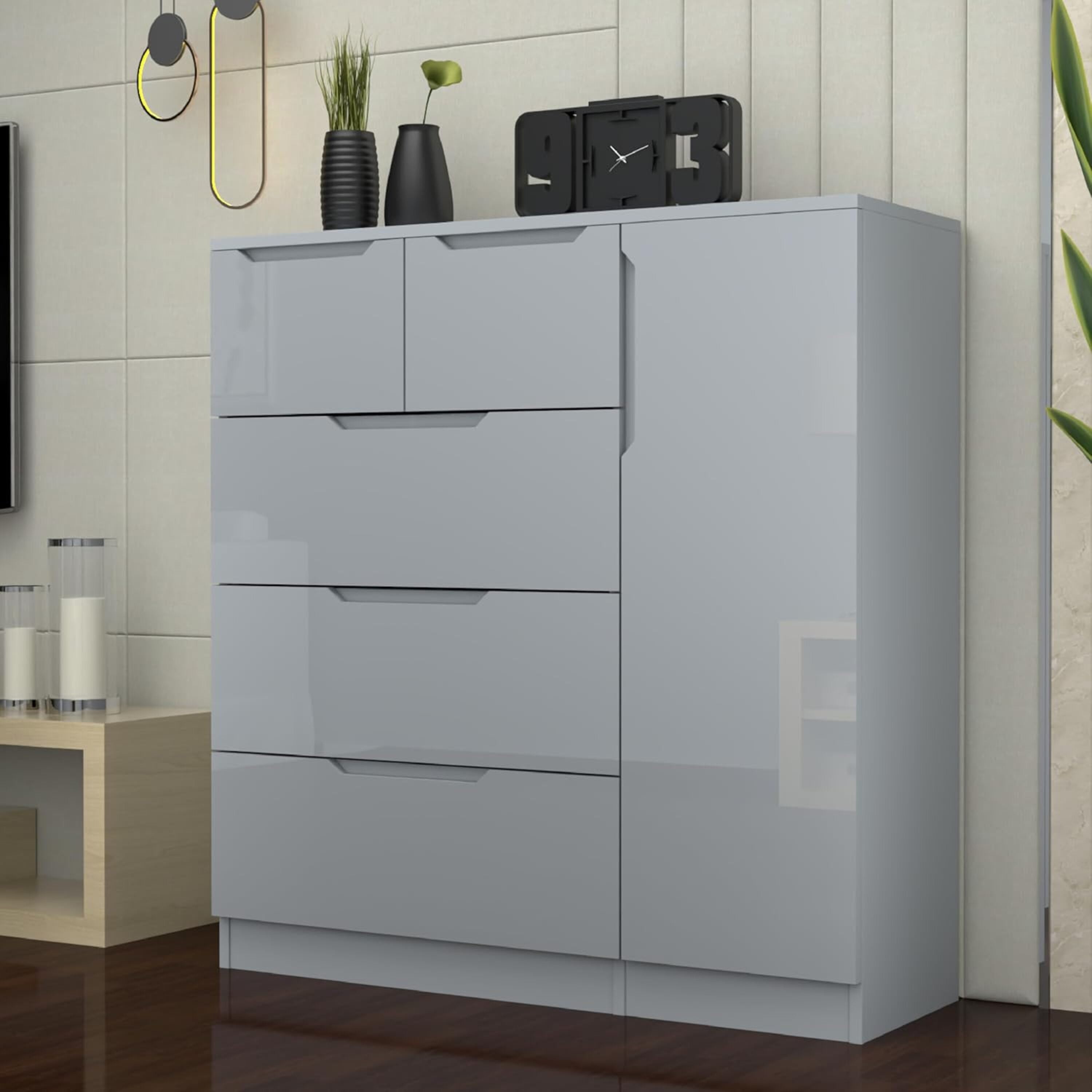 URBAN FURNISHING Modern High Gloss 5 Drawer Dresser with Side Hanging Cabinet