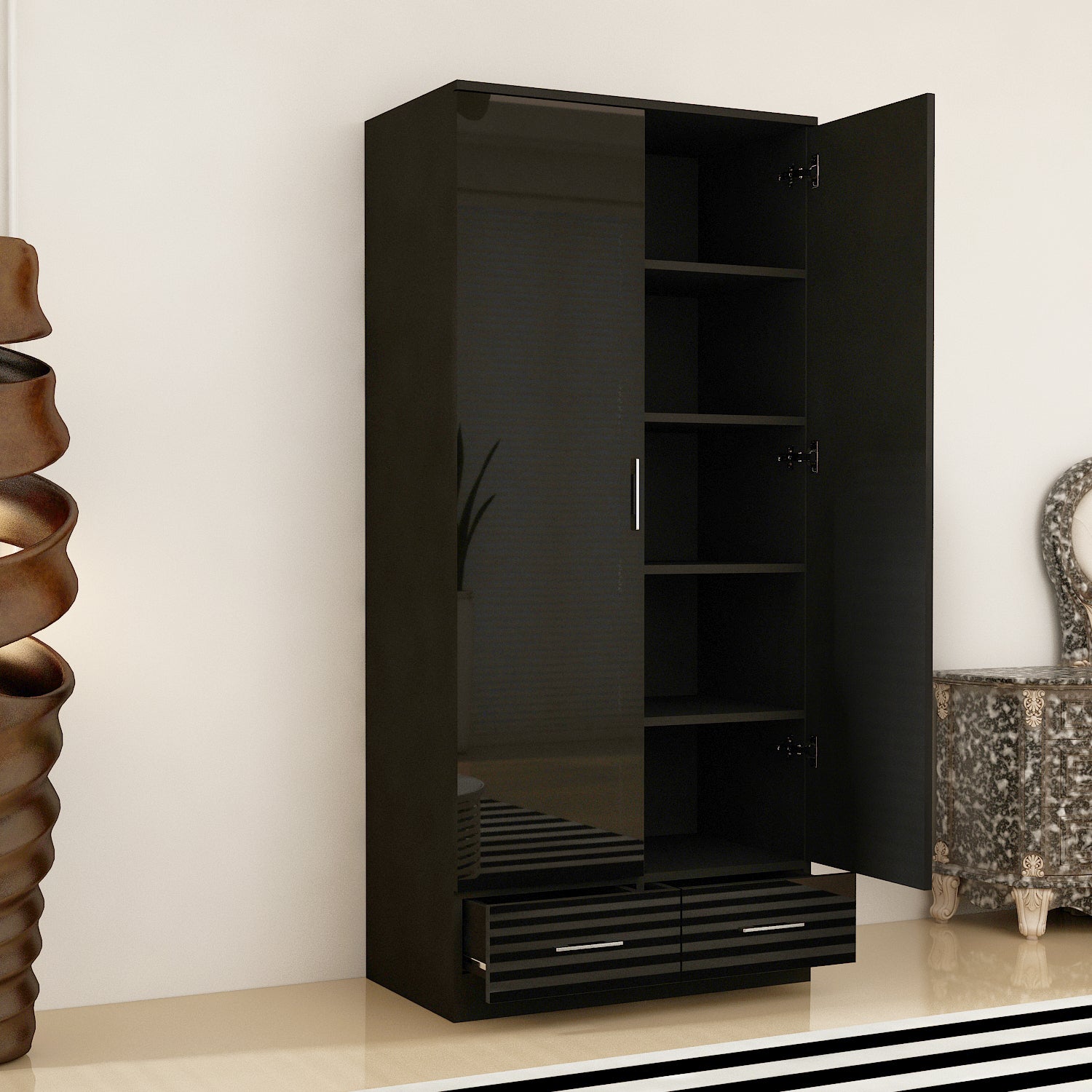 URBAN FURNISHING High Gloss 2 Door Wardrobe for Bedroom