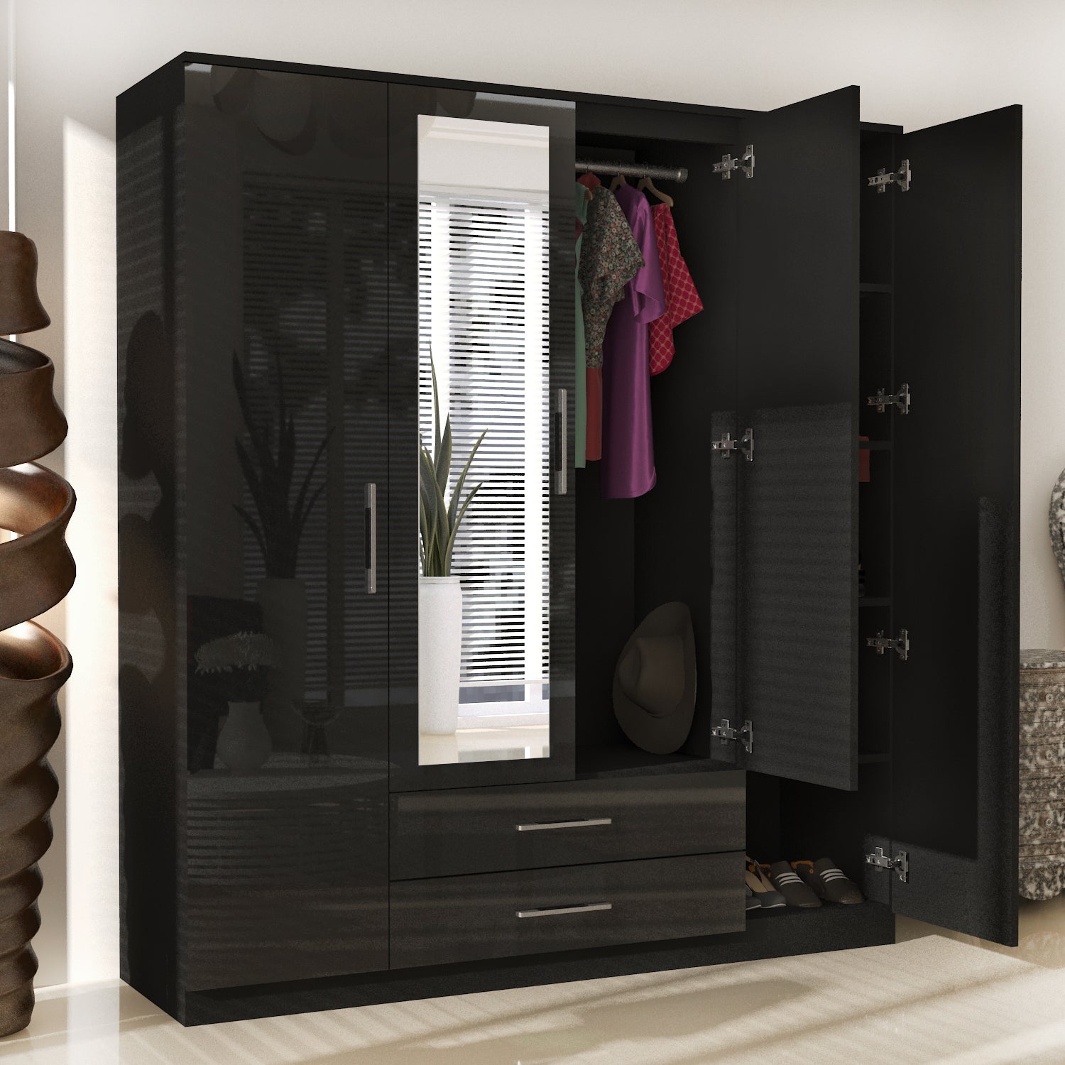 URBAN FURNISHING Modern 4-Door Wardrobe with Mirror &  2 Bottom Drawers 180CM