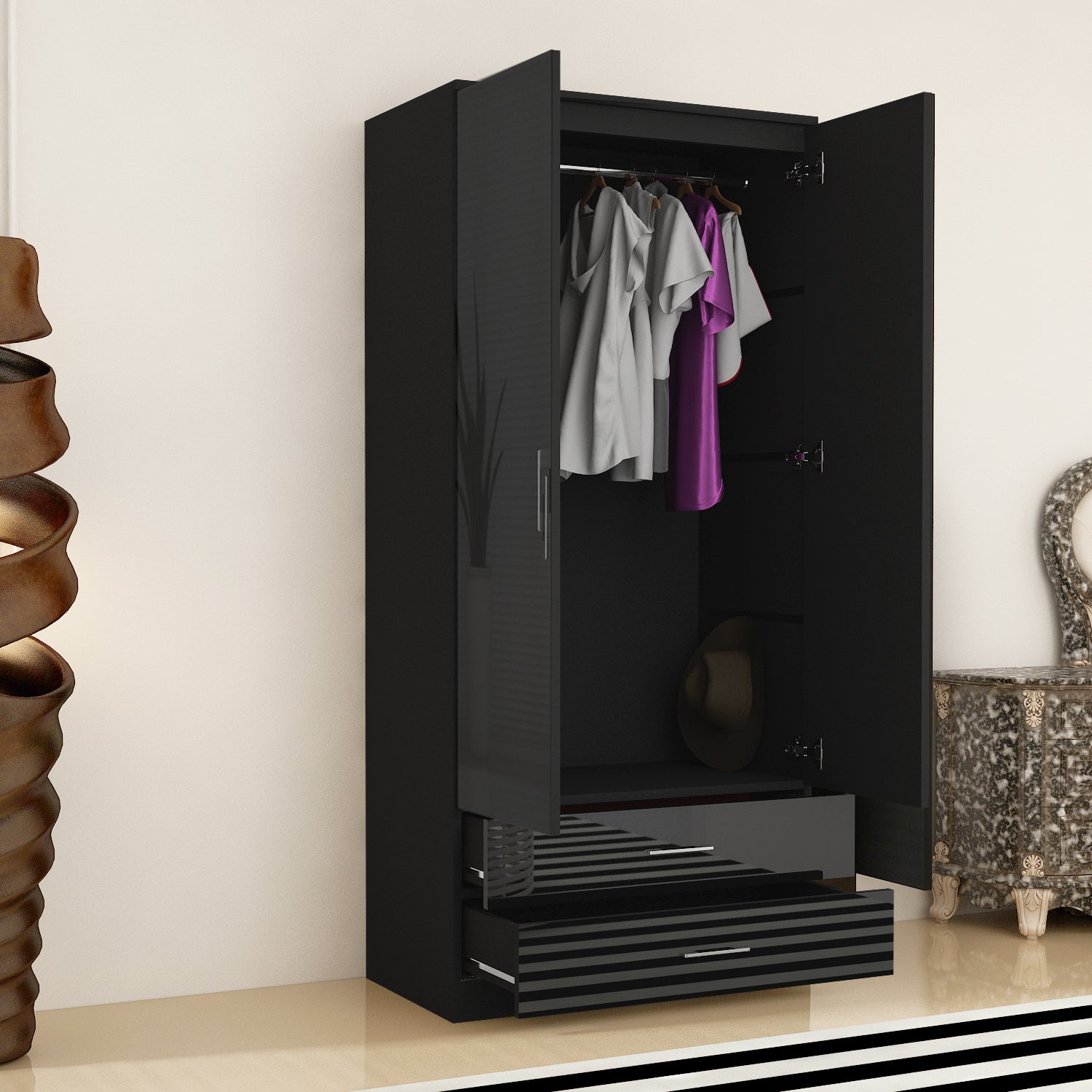 URBAN FURNISHING Modern 2-Door Wardrobe with Mirror & 2 Drawers