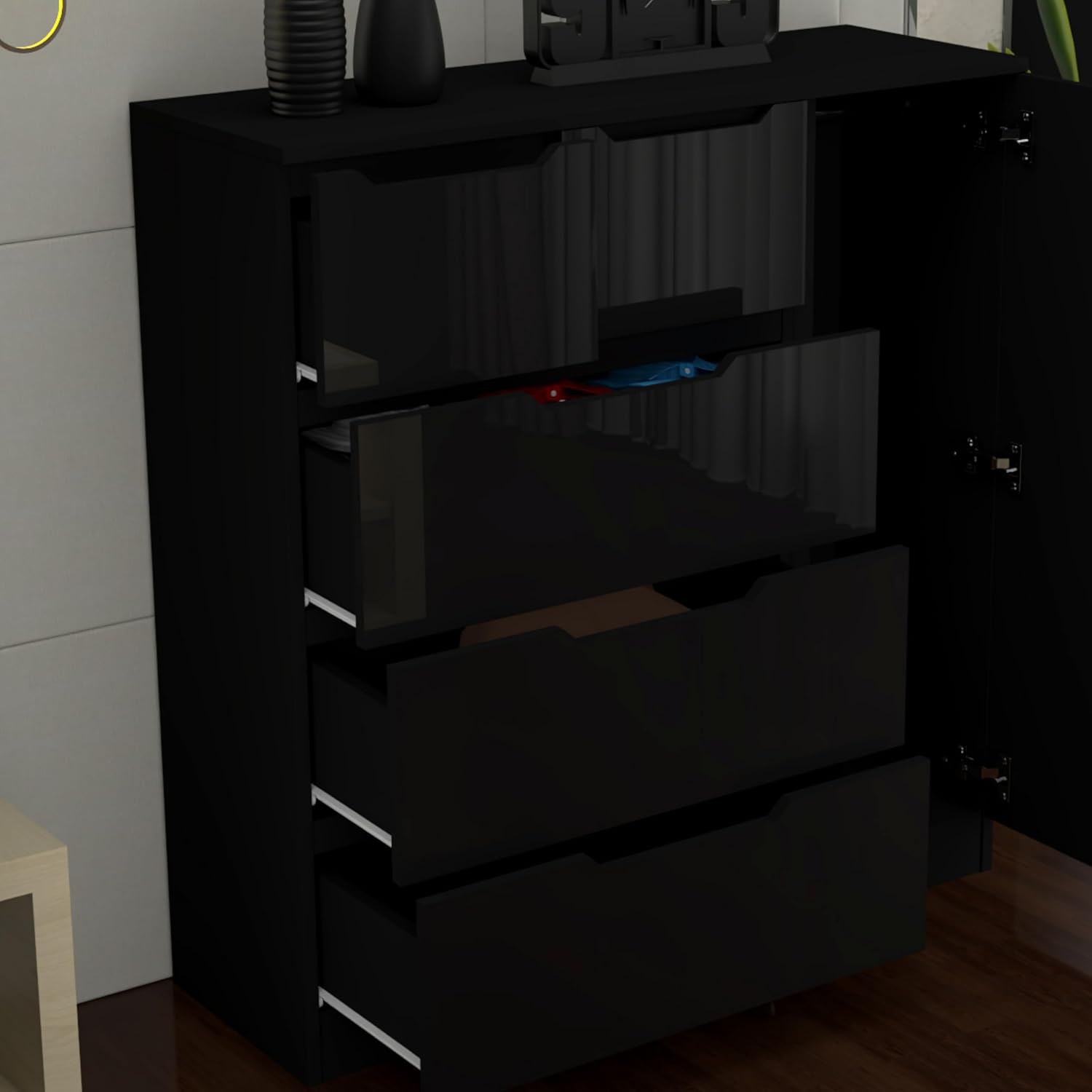 URBAN FURNISHING Modern High Gloss 5 Drawer Dresser with Side Hanging Cabinet
