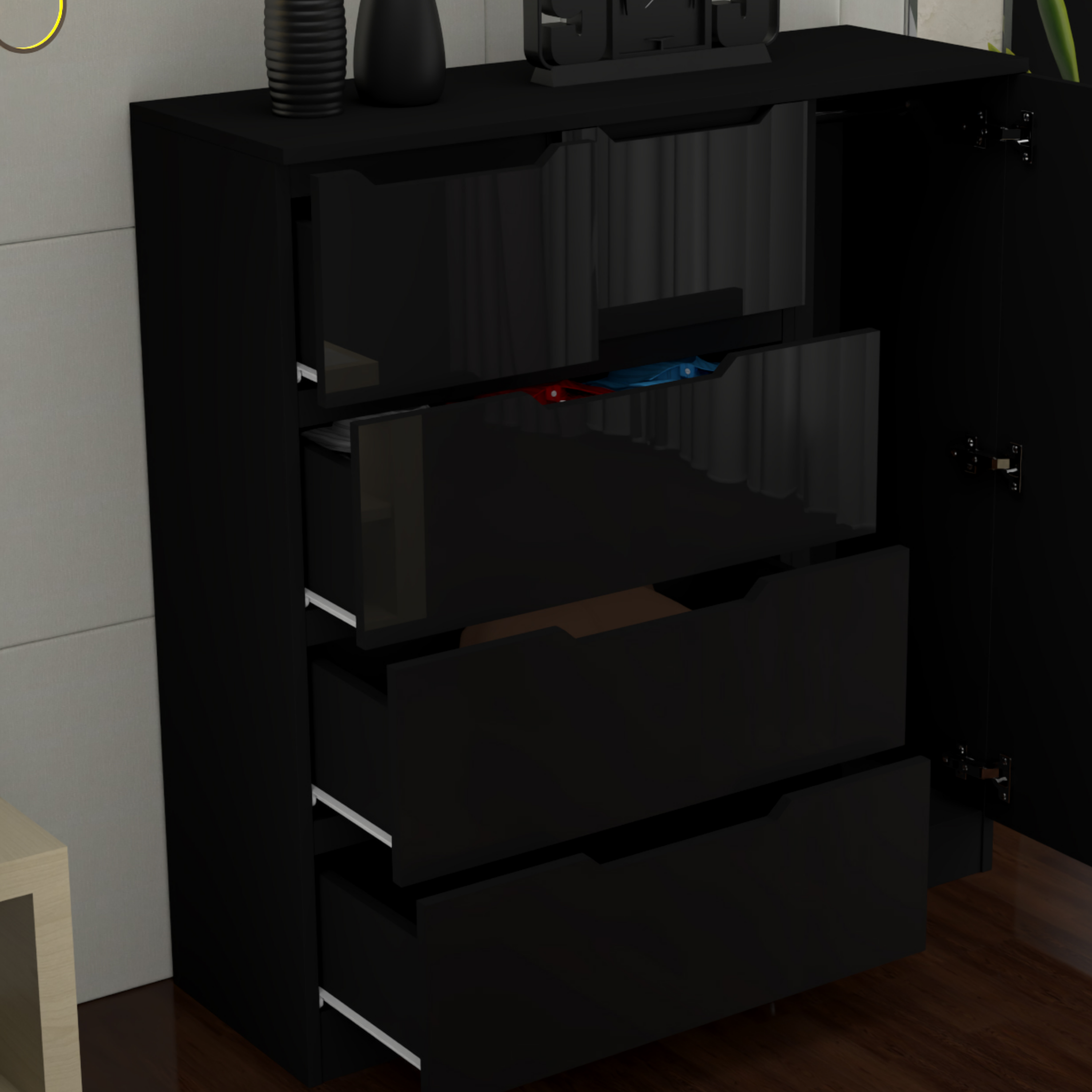URBAN FURNISHING Modern High Gloss 5 Drawer Dresser with Side Hanging Cabinet