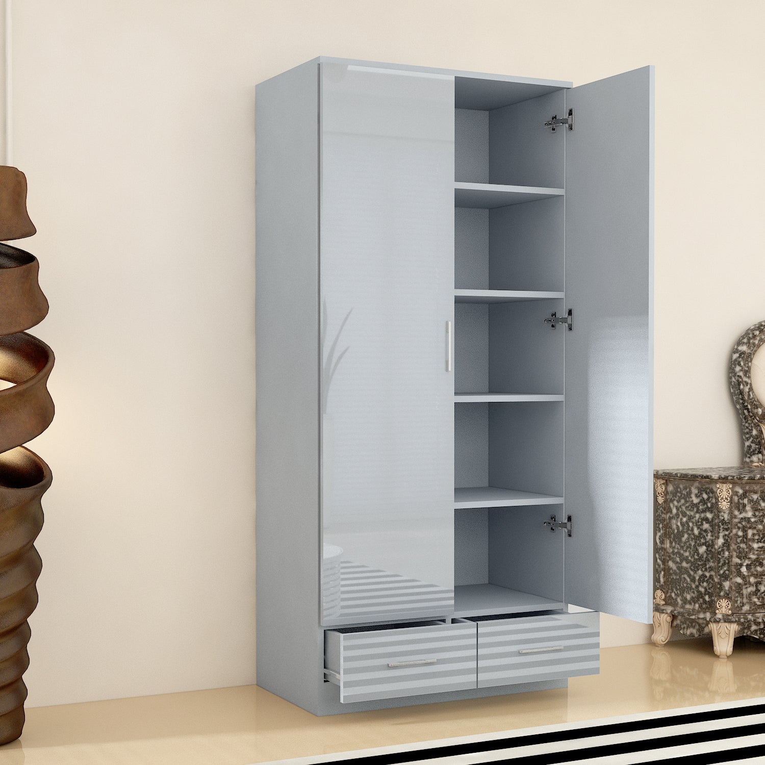 URBAN FURNISHING High Gloss 2 Door Wardrobe for Bedroom