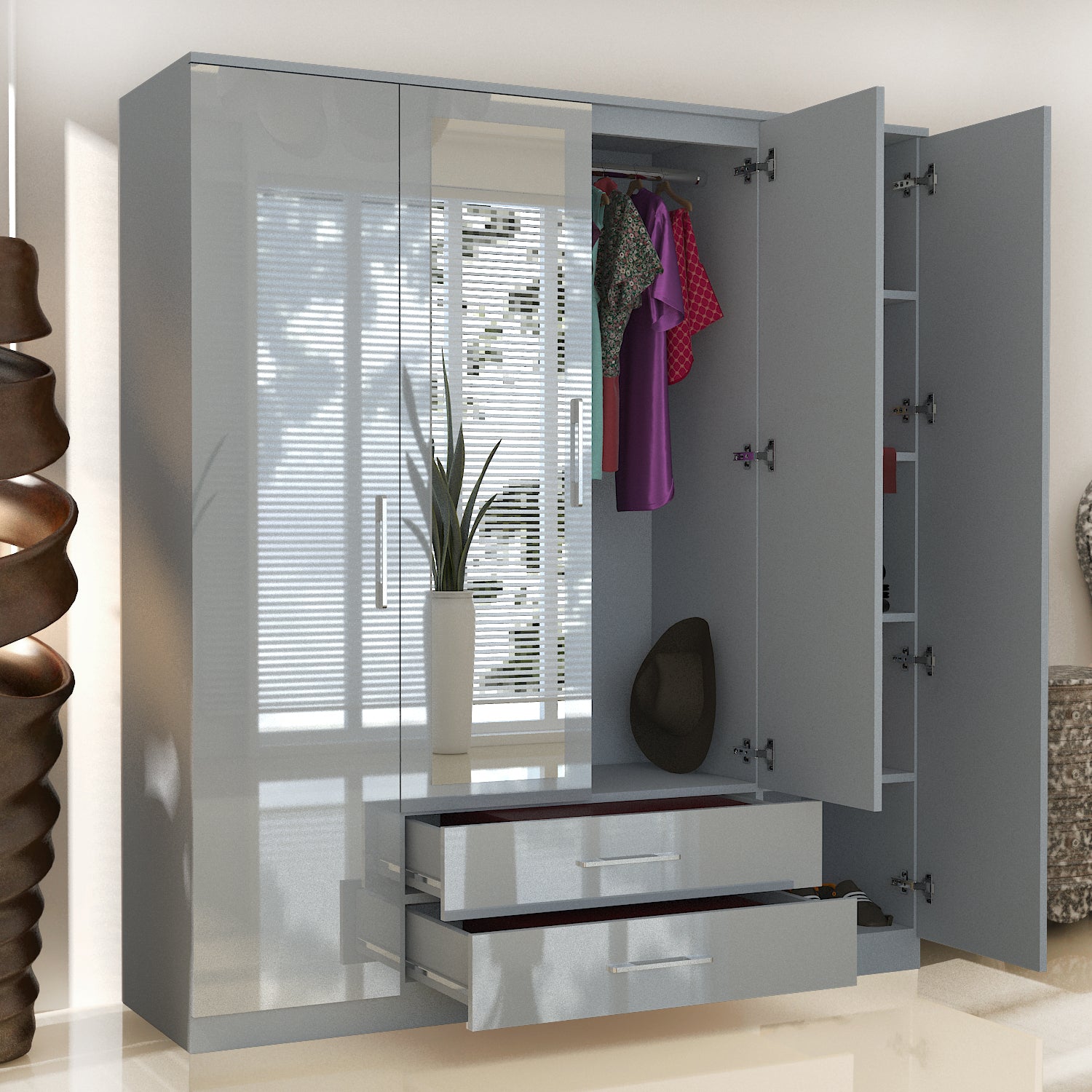 URBAN FURNISHING Modern 4-Door Wardrobe with Mirror &  2 Bottom Drawers 180CM