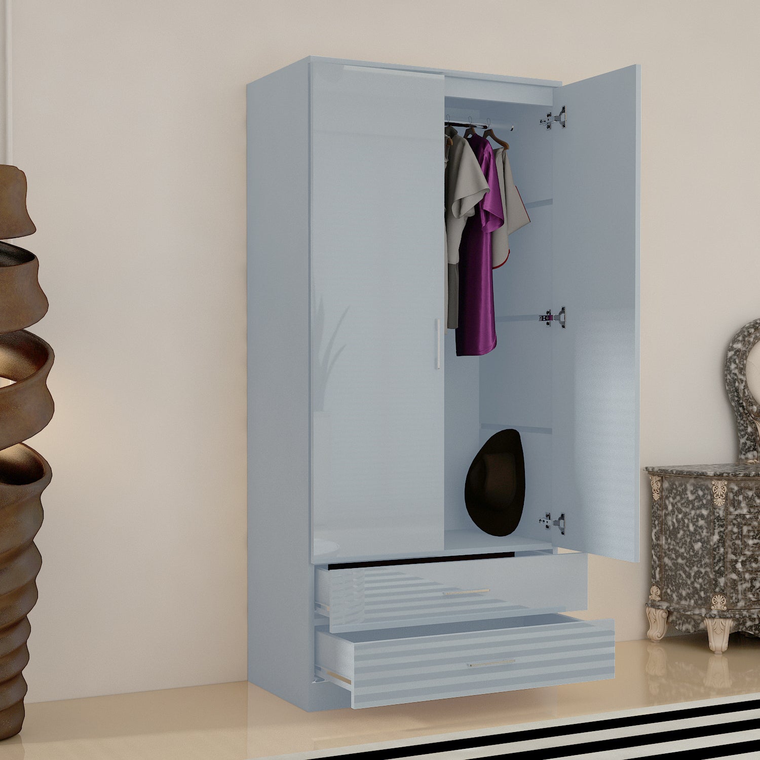 URBAN FURNISHING Modern 2-Door Wardrobe with Mirror & 2 Drawers