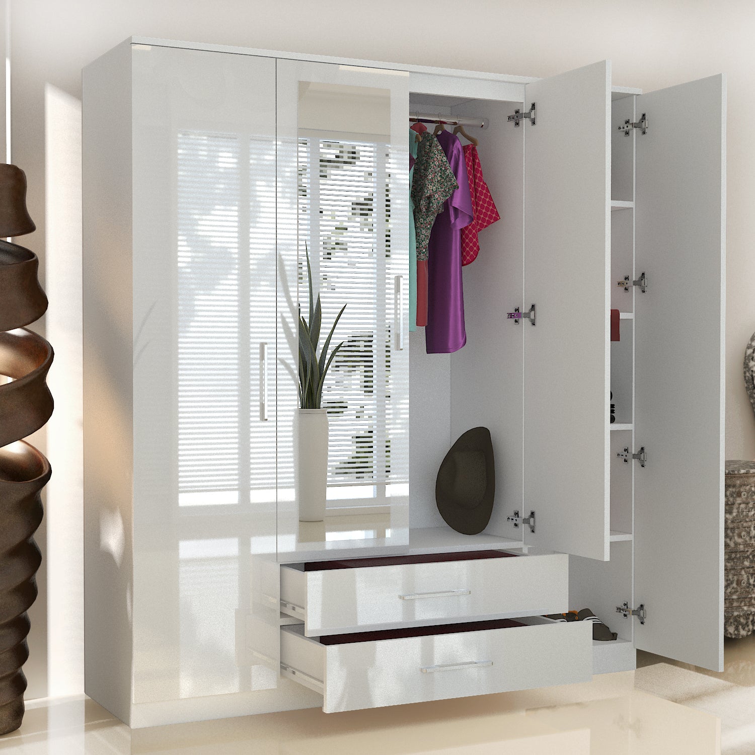 URBAN FURNISHING Modern 4-Door Wardrobe with Mirror &  2 Bottom Drawers 160CM
