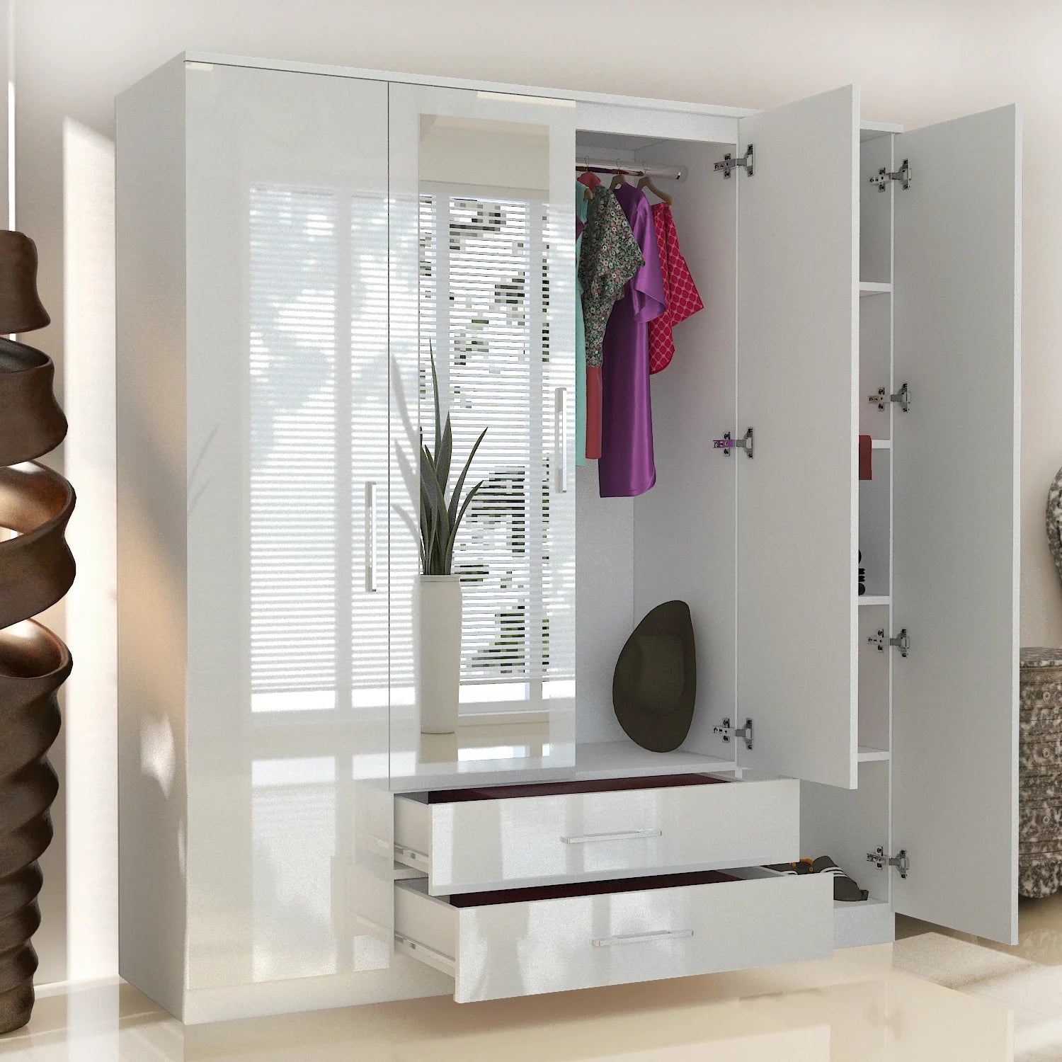 4 Doors with Drawers High Gloss Wardrobe