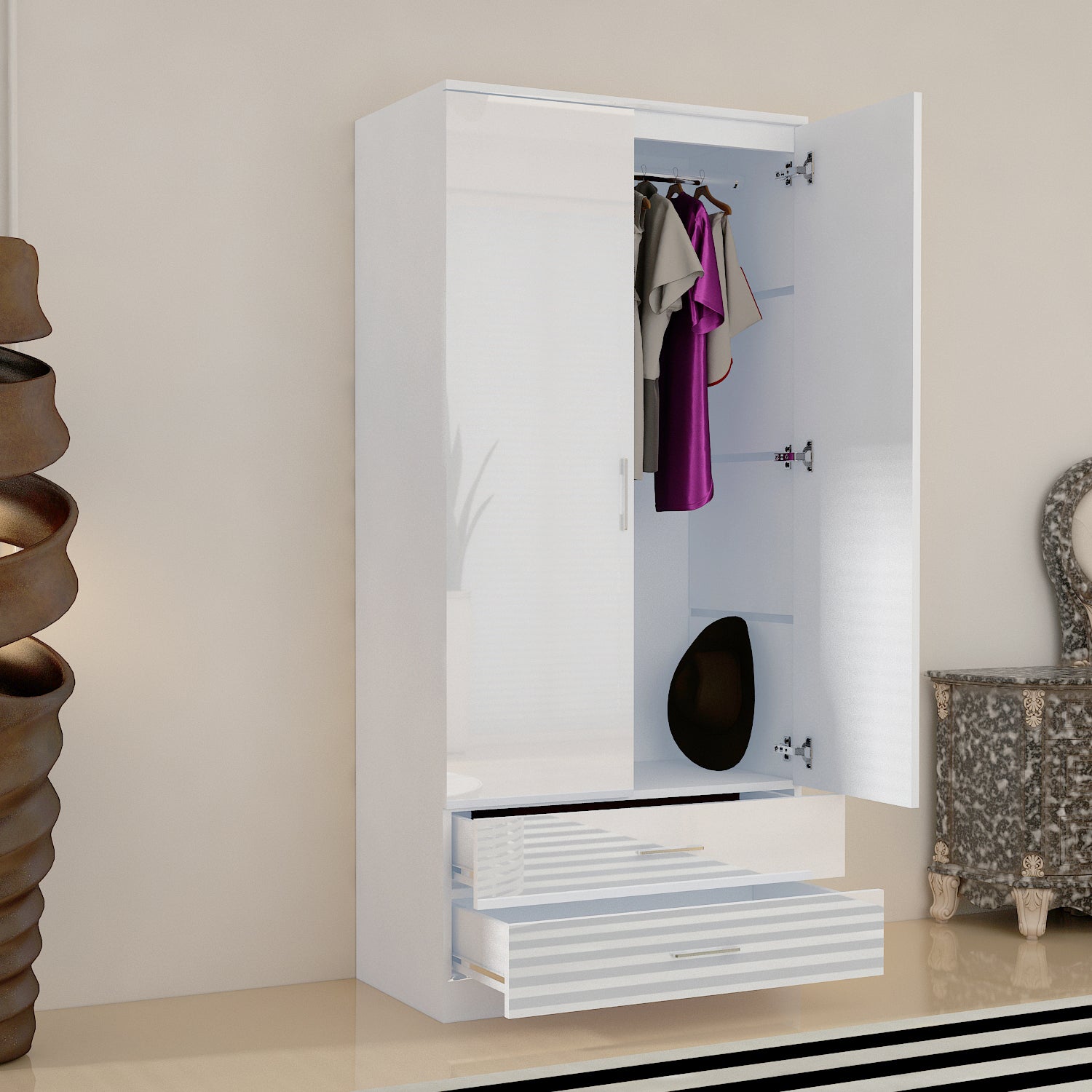 URBAN FURNISHING Modern 2-Door Wardrobe with Mirror & 2 Drawers