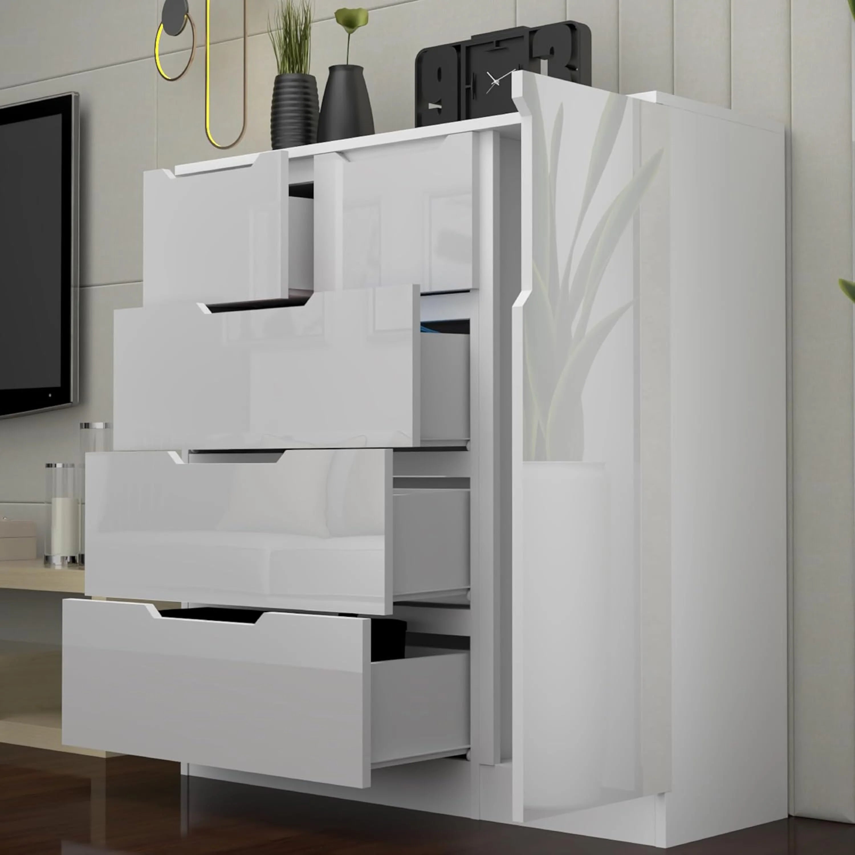 URBAN FURNISHING Modern High Gloss 5 Drawer Dresser with Side Hanging Cabinet