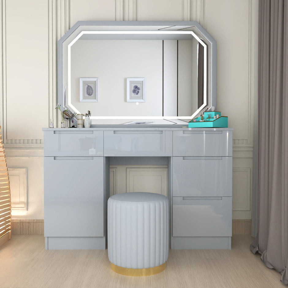 Urban Furnishing Modern White Vanity Desk with LED Mirror & Padded Stool – 7-Drawer Makeup Dressing Table
