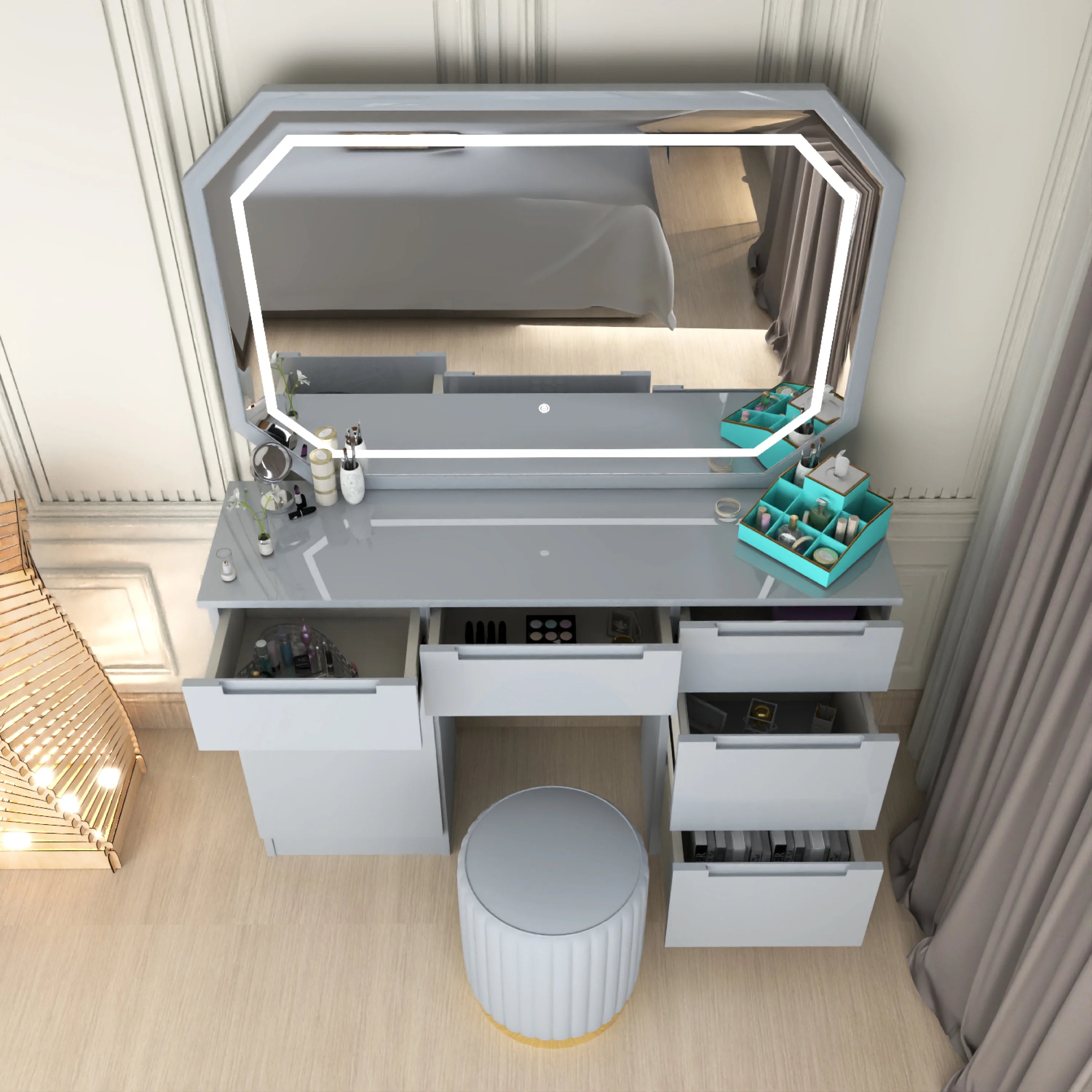 Urban Furnishing Modern White Vanity Desk with LED Mirror & Padded Stool – 7-Drawer Makeup Dressing Table