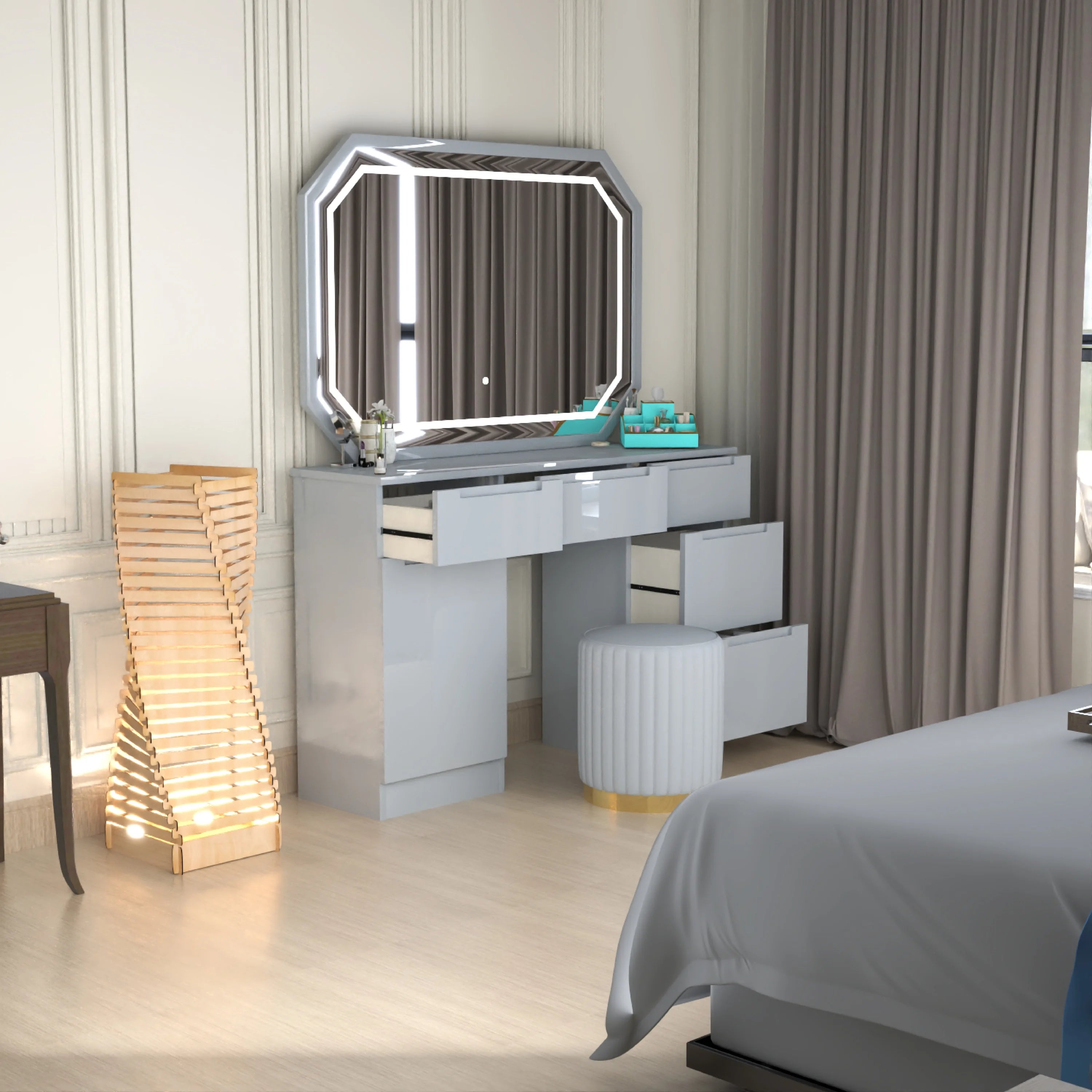 Urban Furnishing Modern White Vanity Desk with LED Mirror & Padded Stool – 7-Drawer Makeup Dressing Table