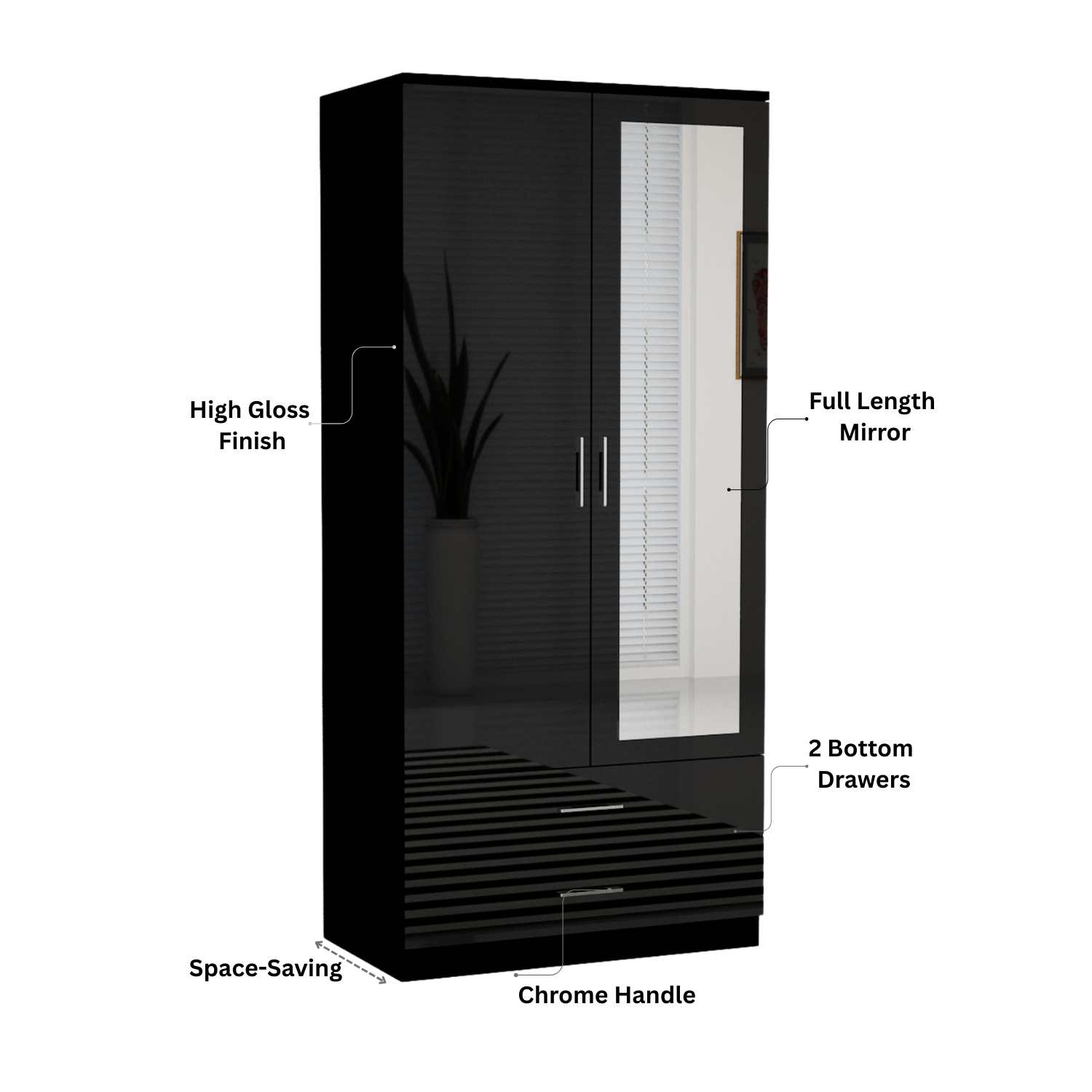 URBAN FURNISHING Modern 2-Door Wardrobe with Mirror & 2 Drawers