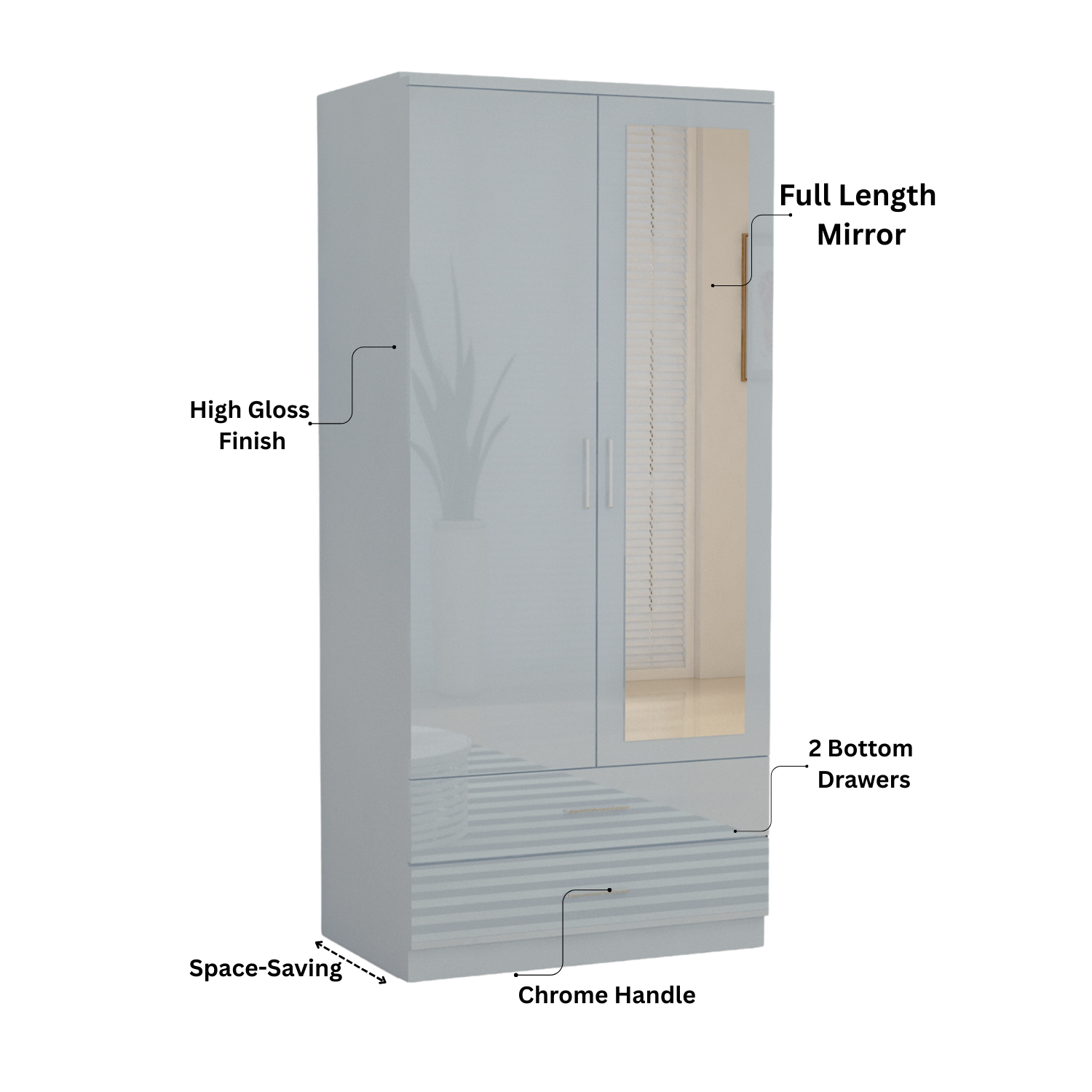 URBAN FURNISHING Modern 2-Door Wardrobe with Mirror & 2 Drawers