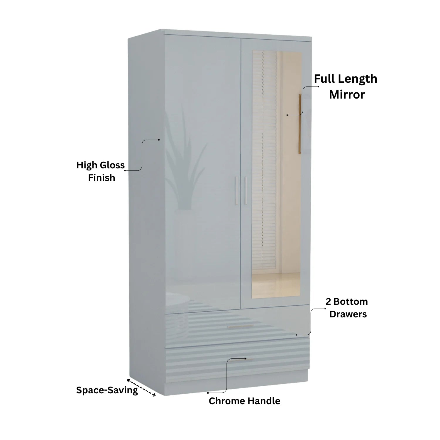 Mirror 2 Doors High Gloss Wardrobe