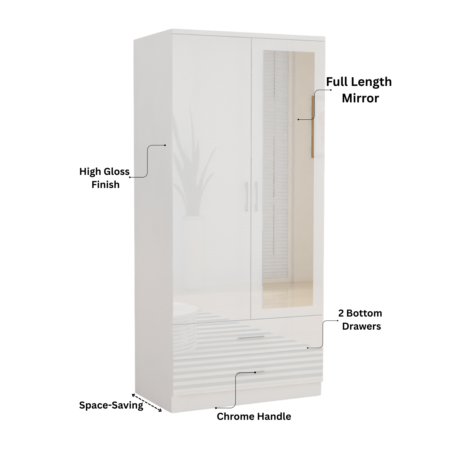 URBAN FURNISHING Modern 2-Door Wardrobe with Mirror & 2 Drawers