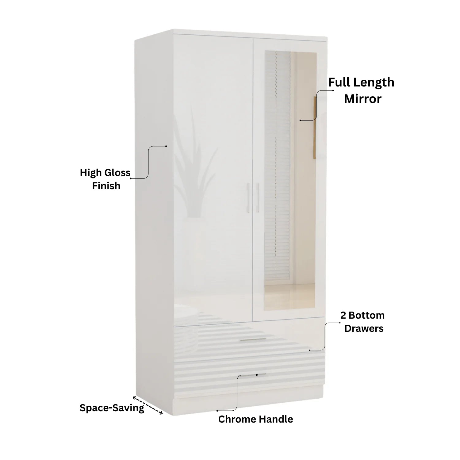 Mirror 2 Doors High Gloss Wardrobe