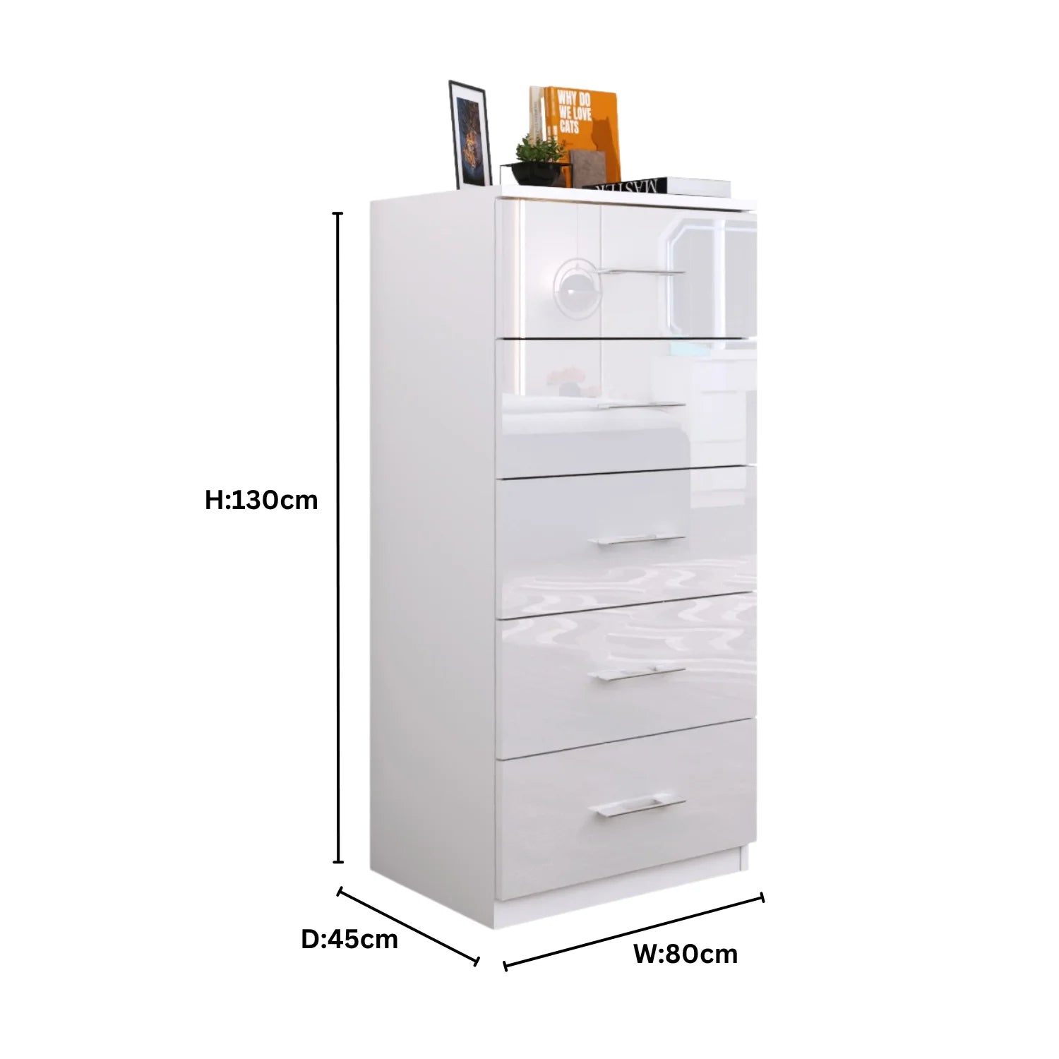 5 Tier High Gloss Chest of Drawers with Handles.