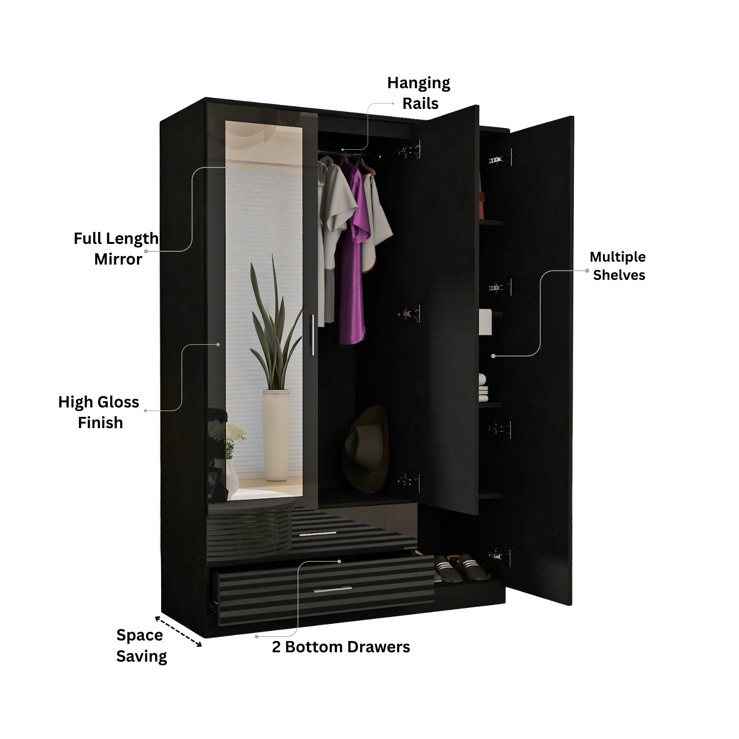 URBAN FURNISHING Modern 3-Door Wardrobe with Mirror & 2 Bottom Drawers