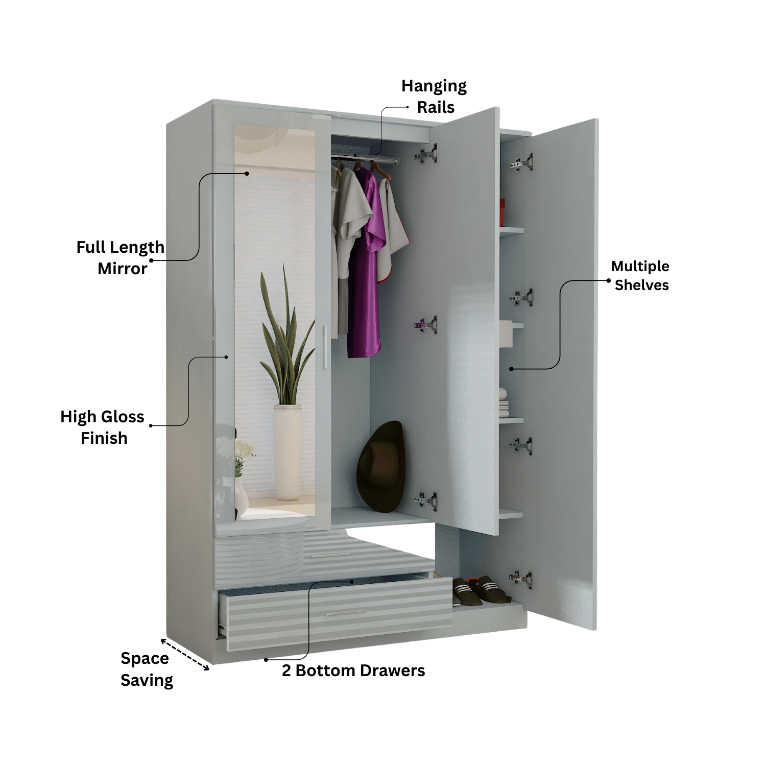 URBAN FURNISHING Modern 3-Door Wardrobe with Mirror & 2 Bottom Drawers