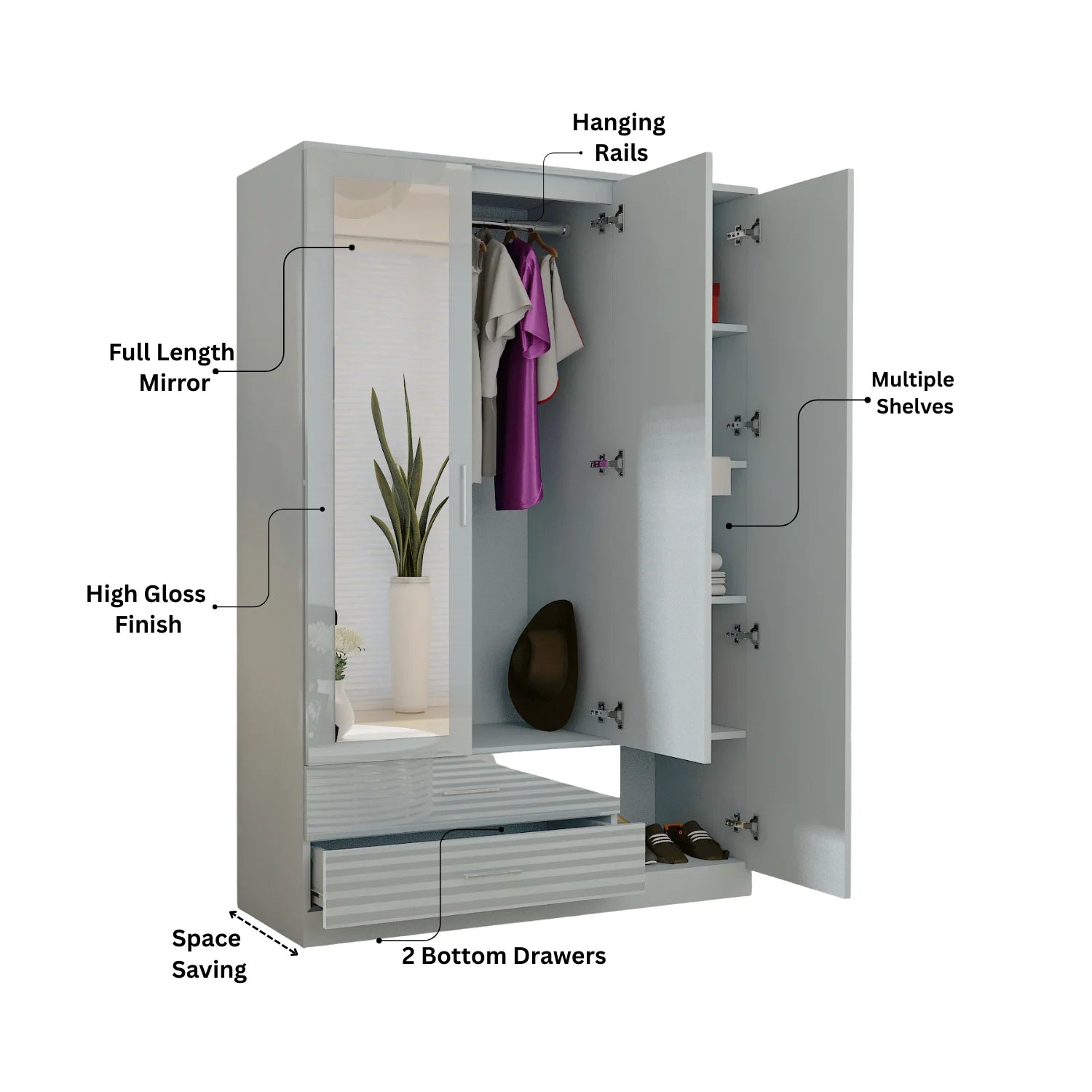 3 Doors High Gloss Wardrobe