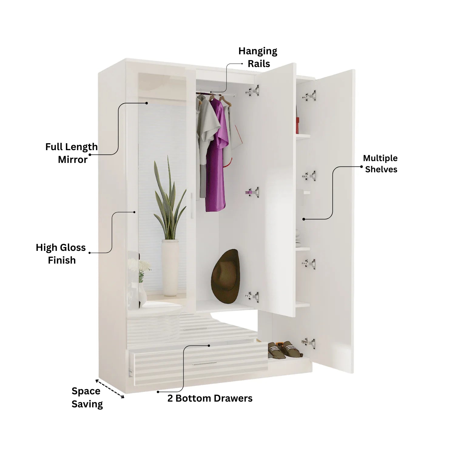 3 Doors High Gloss Wardrobe