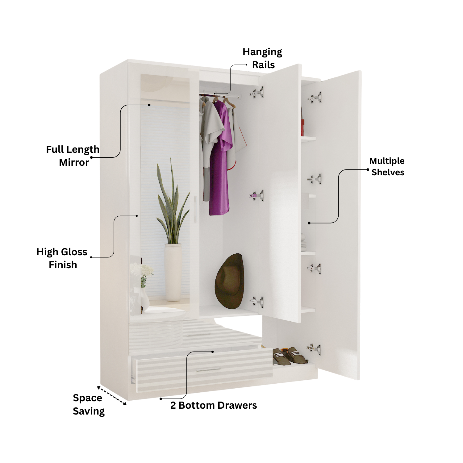 URBAN FURNISHING Modern 3-Door Wardrobe with Mirror & 2 Bottom Drawers