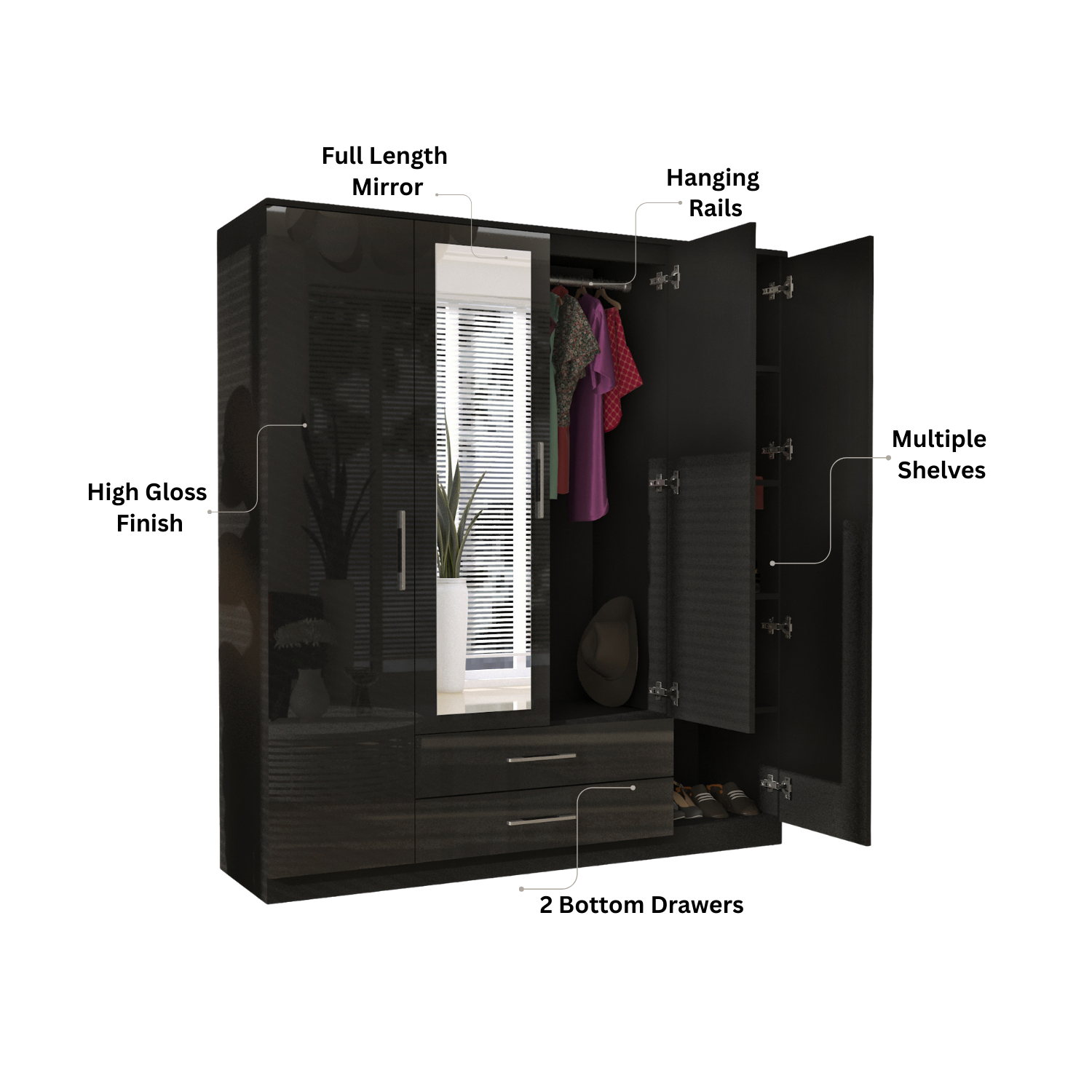URBAN FURNISHING Modern 4-Door Wardrobe with Mirror &  2 Bottom Drawers 160CM