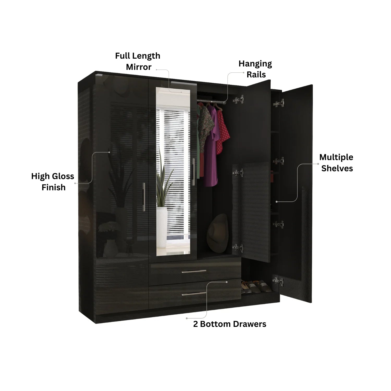 4 Doors with Drawers High Gloss Wardrobe