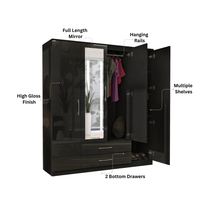 4 Doors with Drawers High Gloss Wardrobe