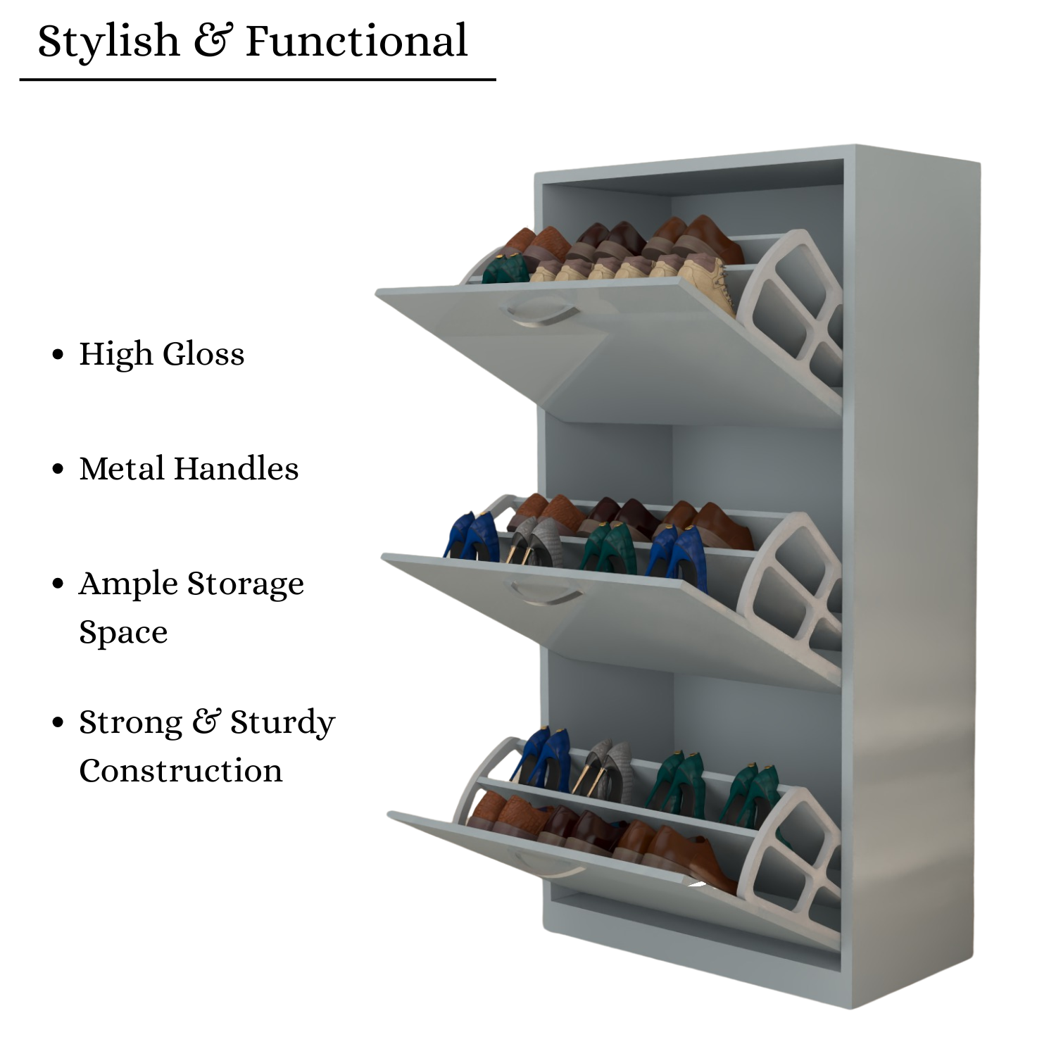 Modern 3 Tier White High Gloss Shoes Cabinet,Footwear Organizer