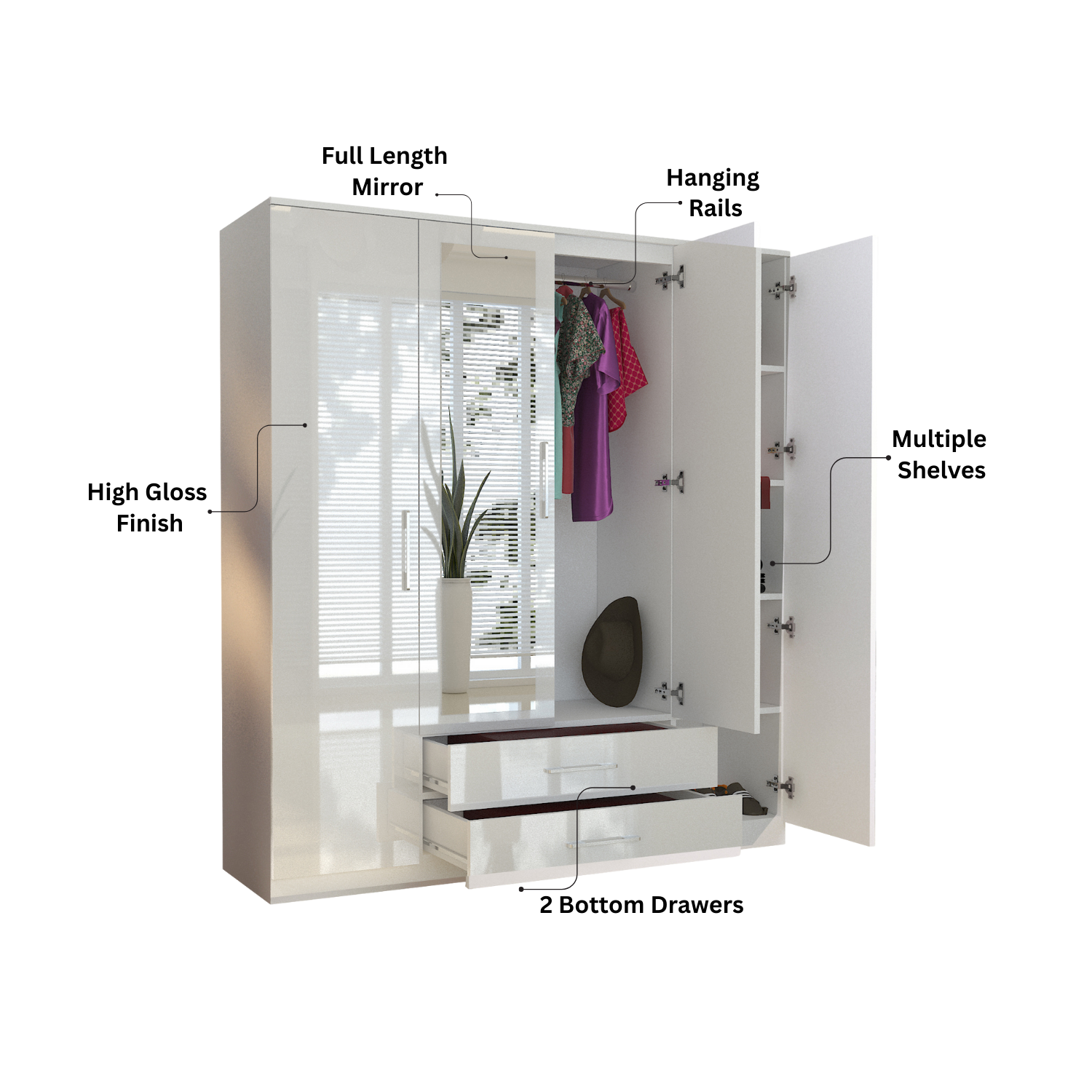 URBAN FURNISHING Modern 4-Door Wardrobe with Mirror &  2 Bottom Drawers 180CM
