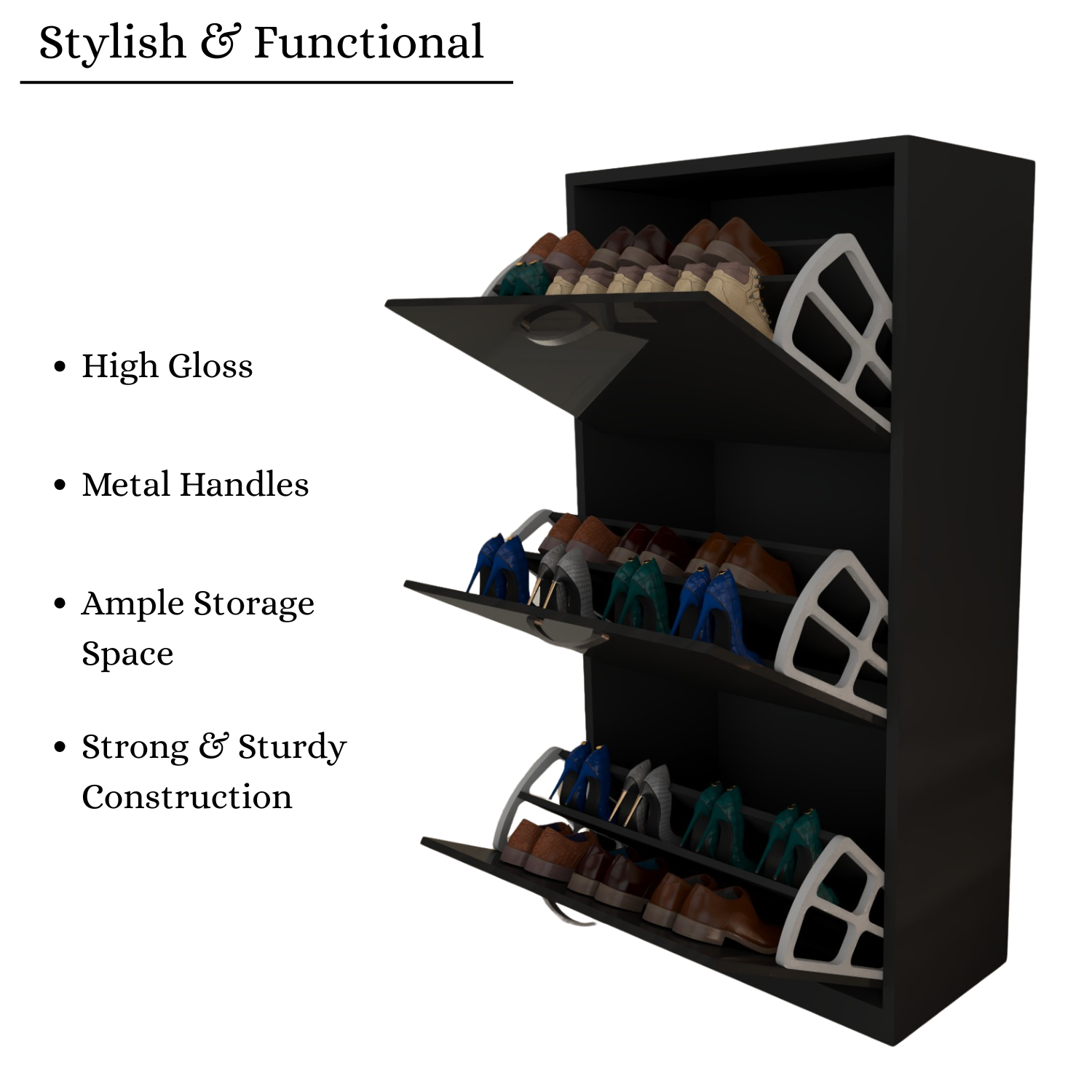 Modern 3 Tier White High Gloss Shoes Cabinet,Footwear Organizer