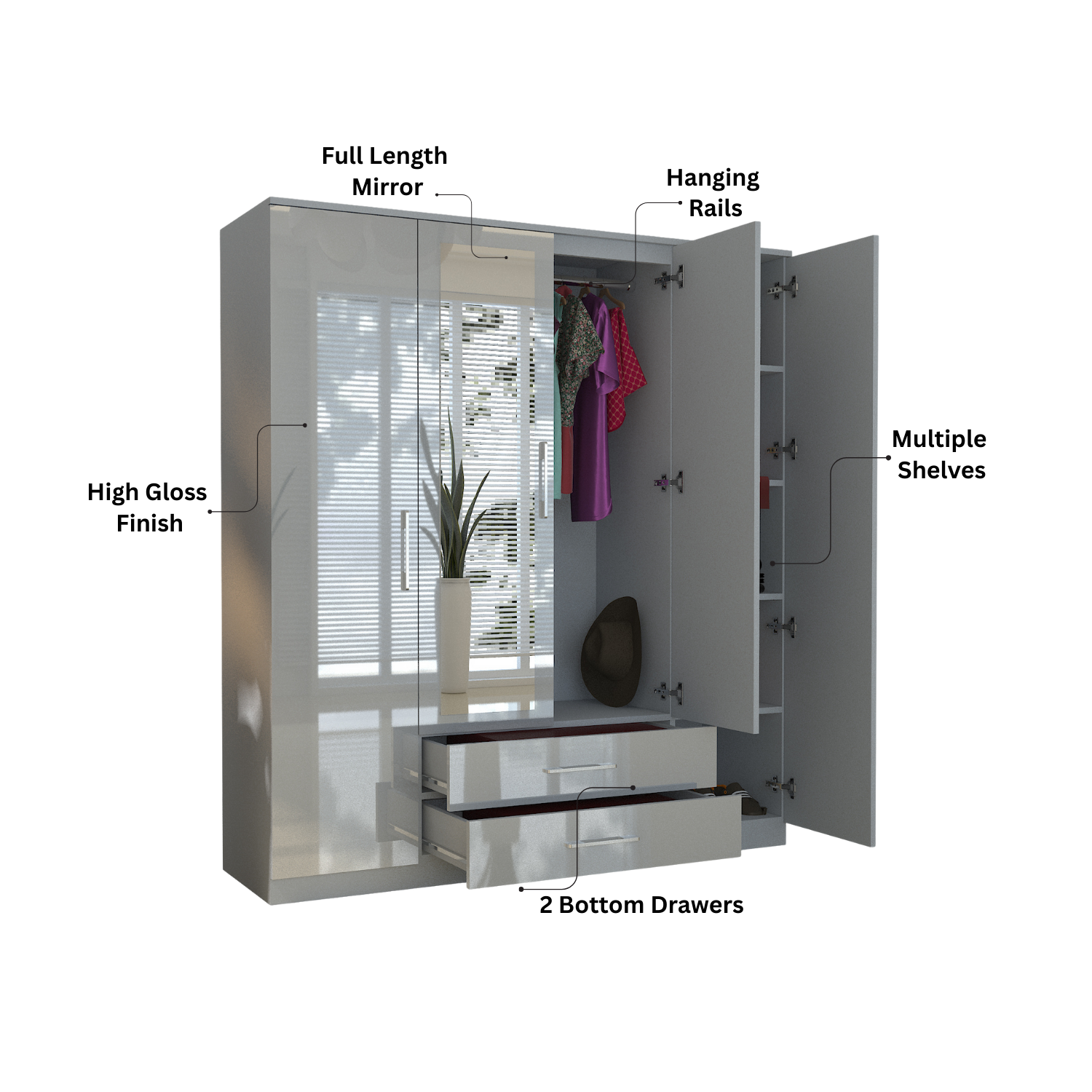 URBAN FURNISHING Modern 4-Door Wardrobe with Mirror &  2 Bottom Drawers 180CM