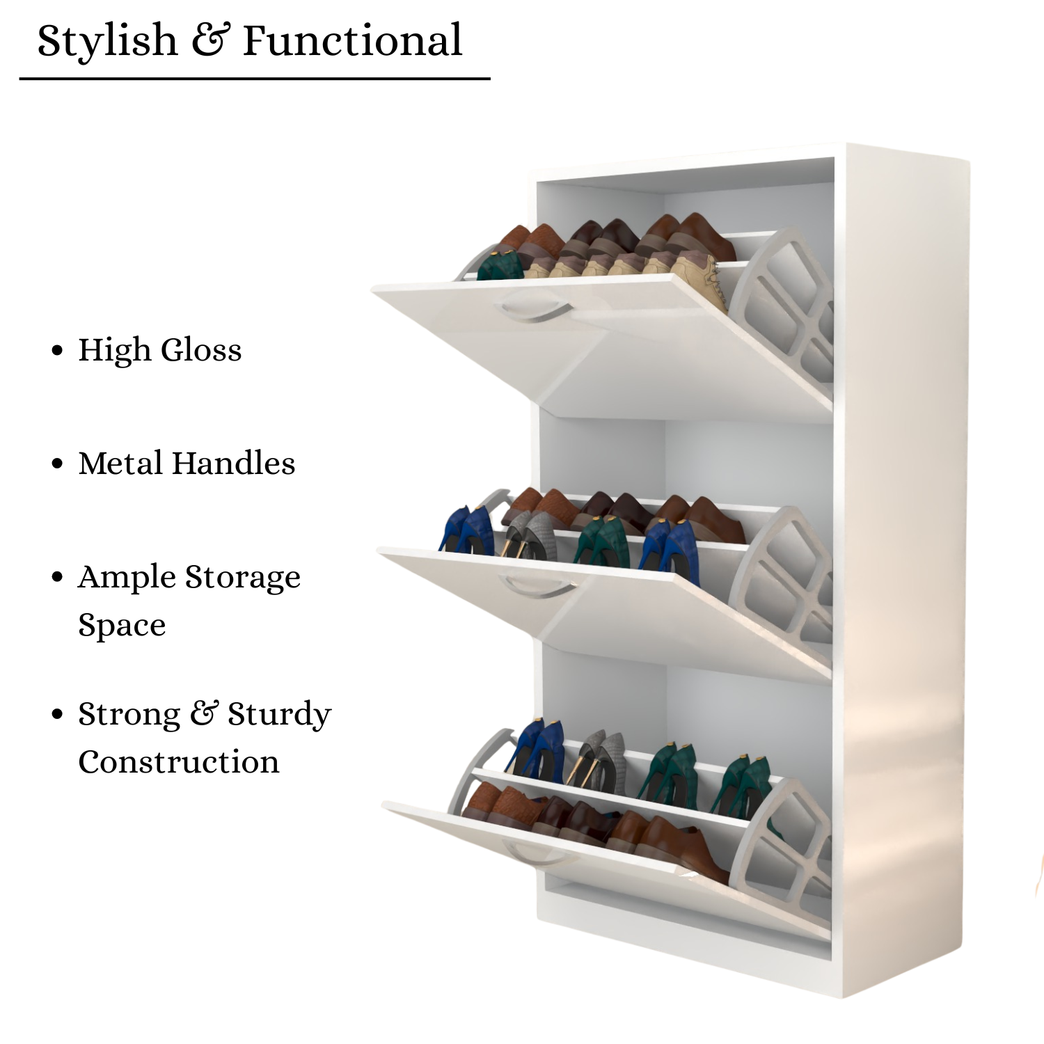 Modern 3 Tier White High Gloss Shoes Cabinet,Footwear Organizer
