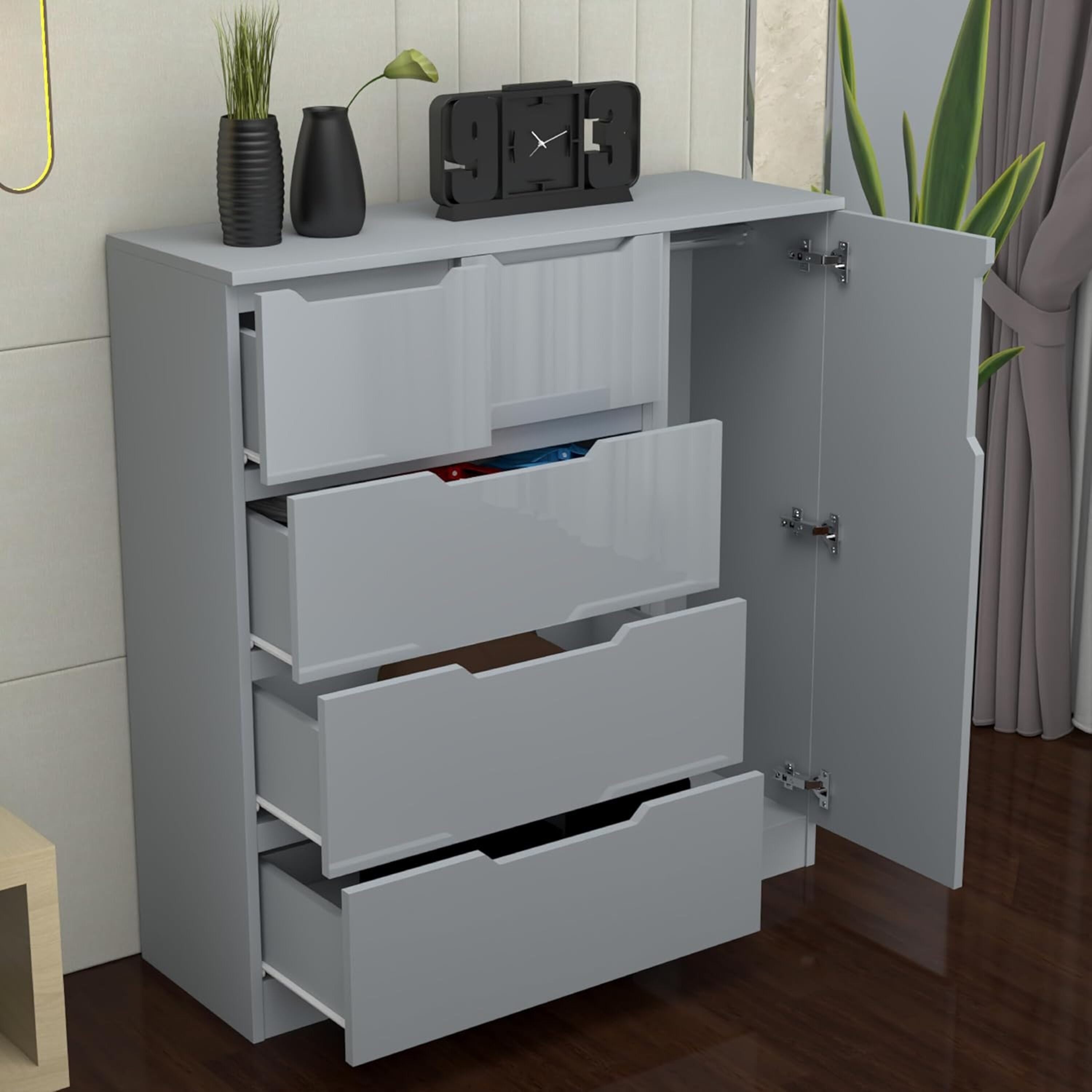 URBAN FURNISHING Modern High Gloss 5 Drawer Dresser with Side Hanging Cabinet