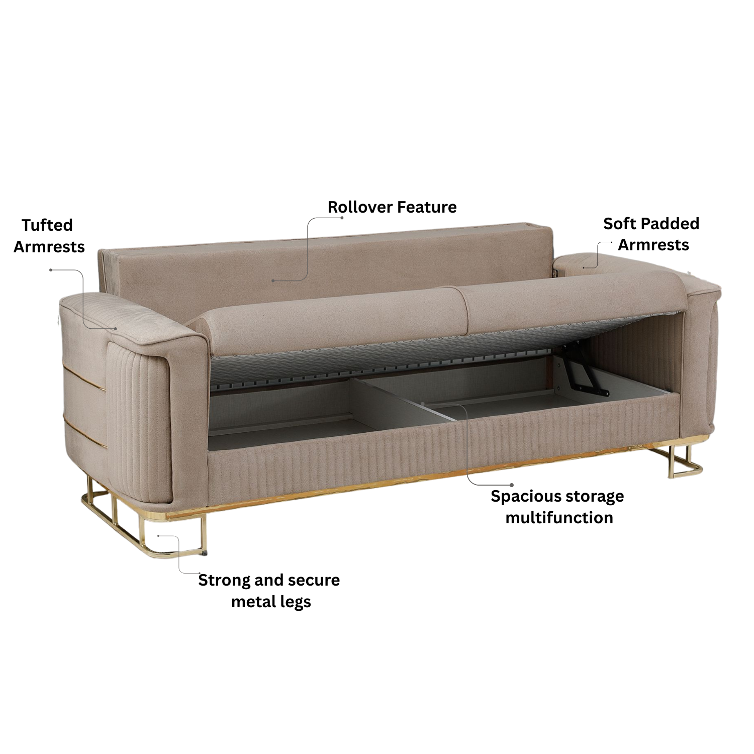 URBAN FURNISHING Modern Velvet Sofa Couch with Rollover Bed & Under Seat Storage with Chrome Metal Legs– Contemporary Sofa Bed For Living Room