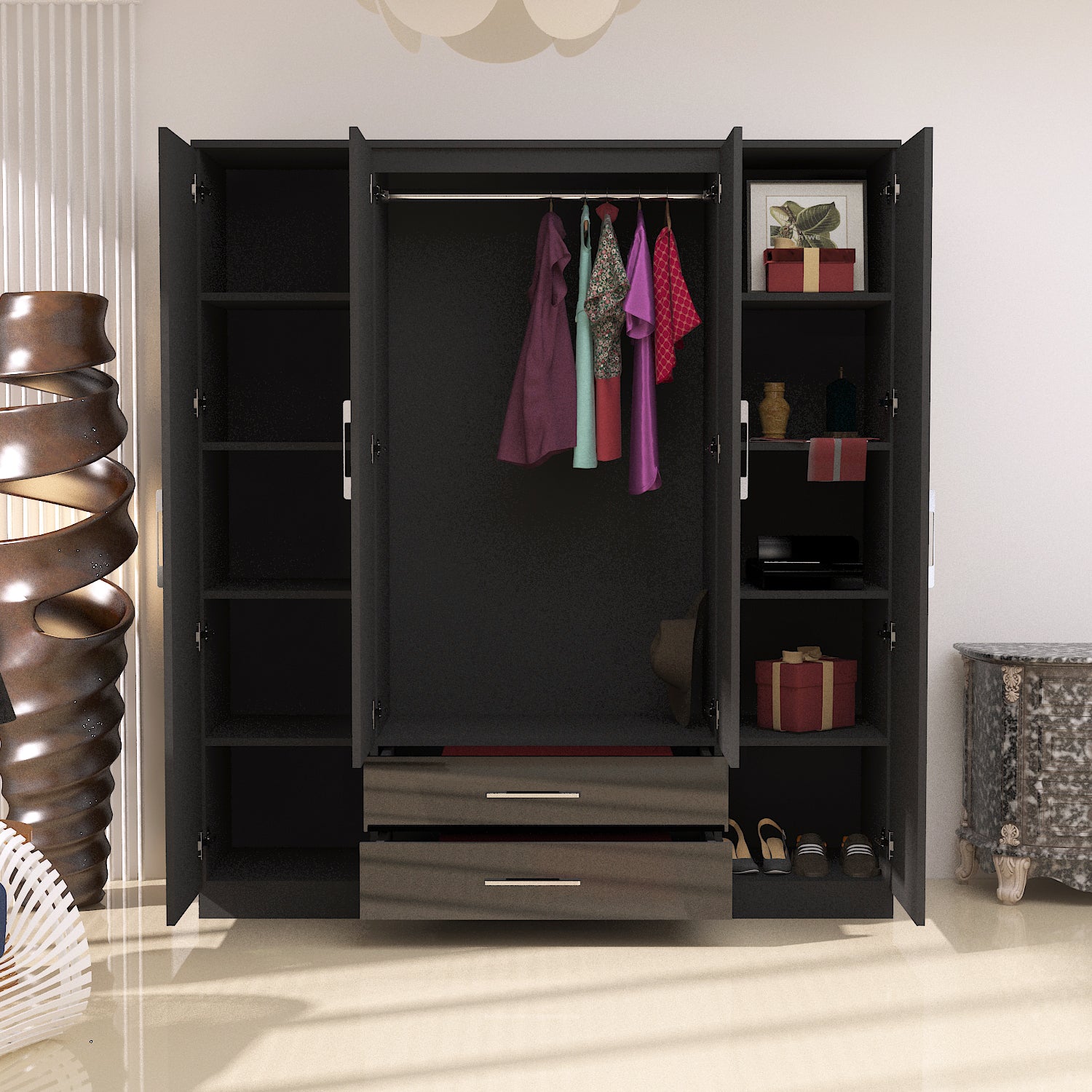 URBAN FURNISHING Modern 4-Door Wardrobe with Mirror &  2 Bottom Drawers 180CM