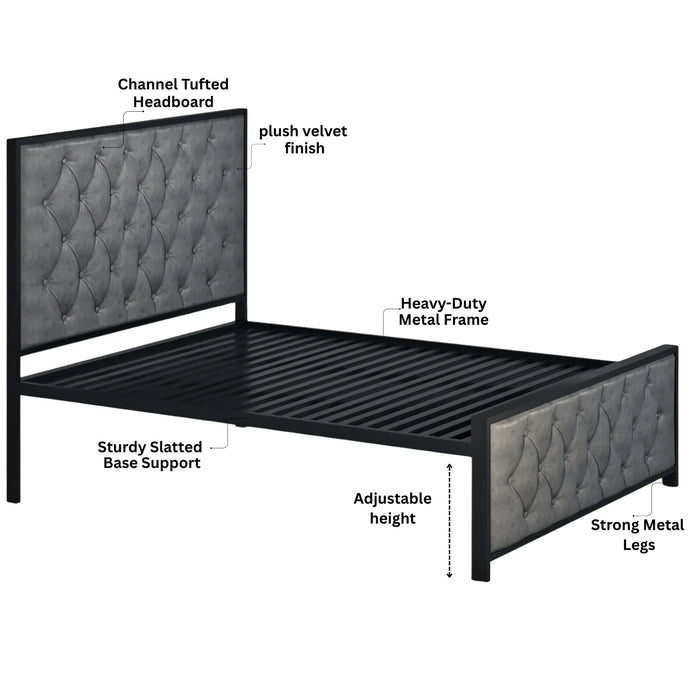 Elegant Button-Tufted Upholstered Metal Bed.