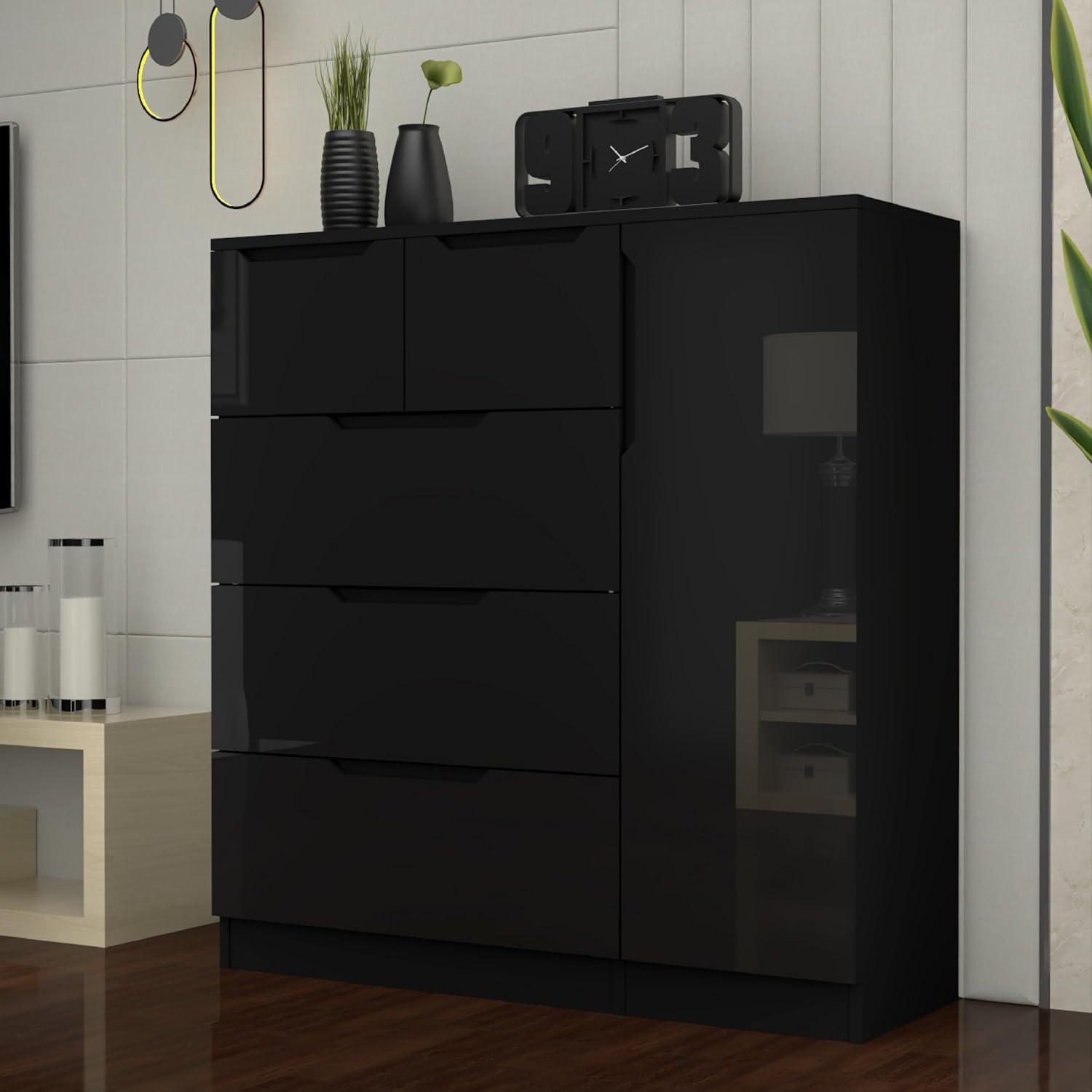 URBAN FURNISHING Modern High Gloss 5 Drawer Dresser with Side Hanging Cabinet