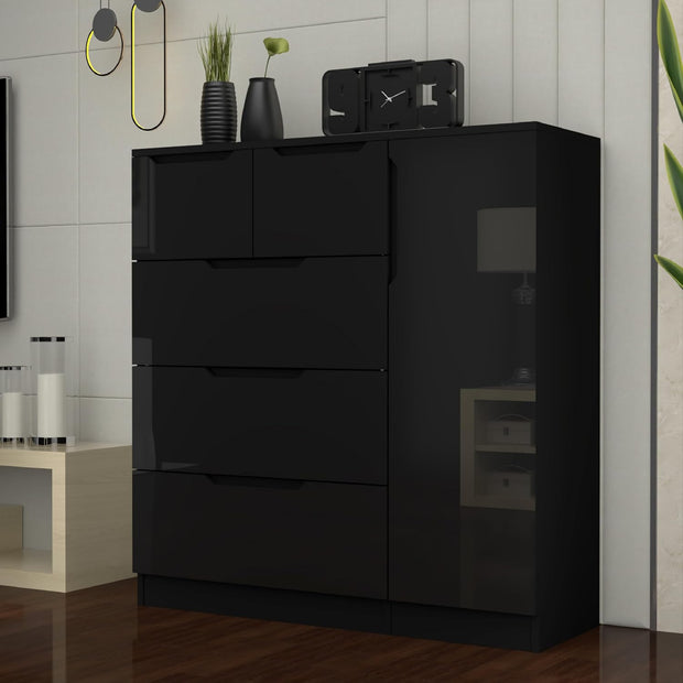 Modern High Gloss 5 Drawer Dresser with Side Hanging Cabinet