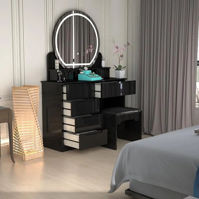 Glossique High Gloss Dressing Table with LED Mirror & Stool