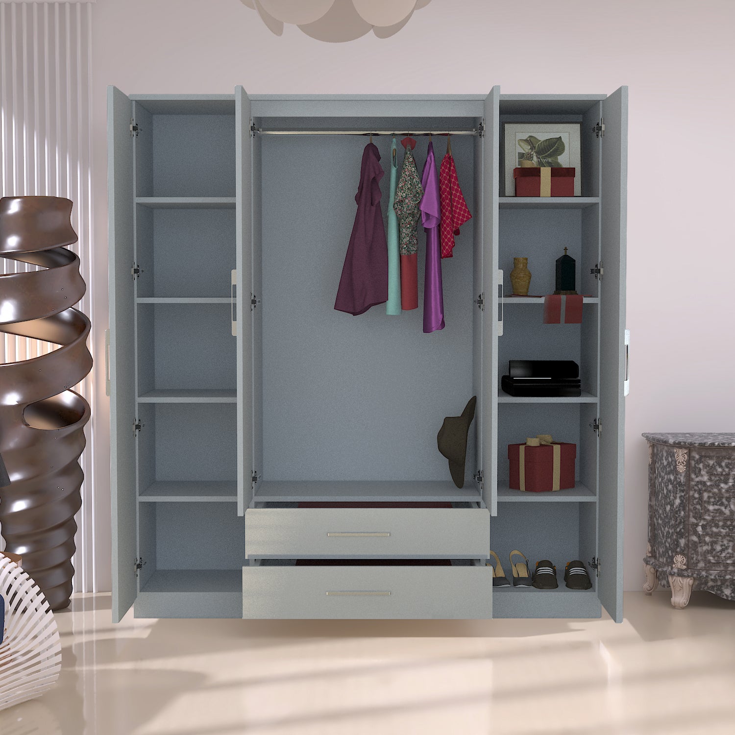 URBAN FURNISHING Modern 4-Door Wardrobe with Mirror &  2 Bottom Drawers 160CM