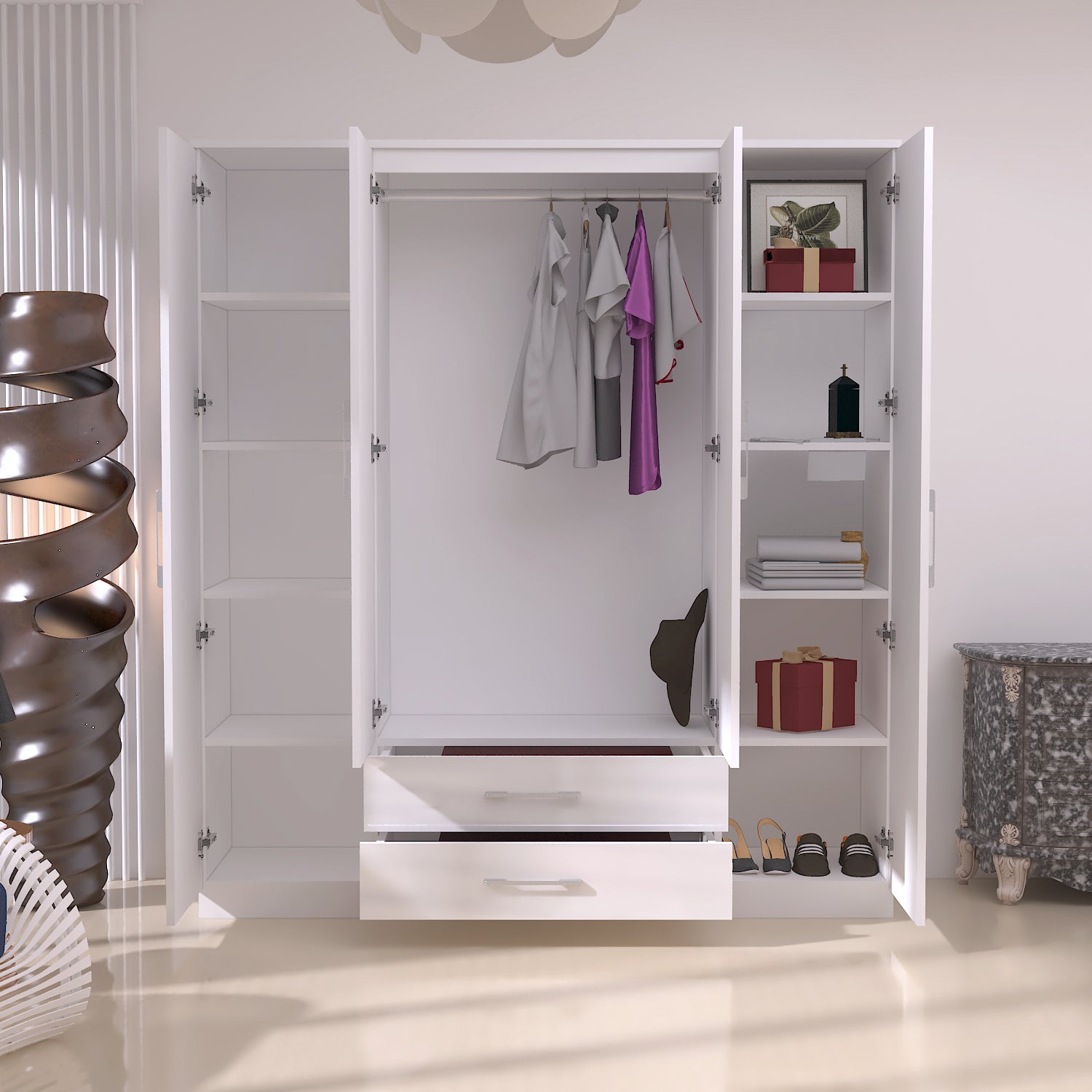URBAN FURNISHING Modern 4-Door Wardrobe with Mirror &  2 Bottom Drawers 180CM