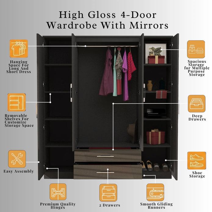 Verona 4 Doors Wardrobe | COLOR: Black | SIZE: 160cm , 180cm