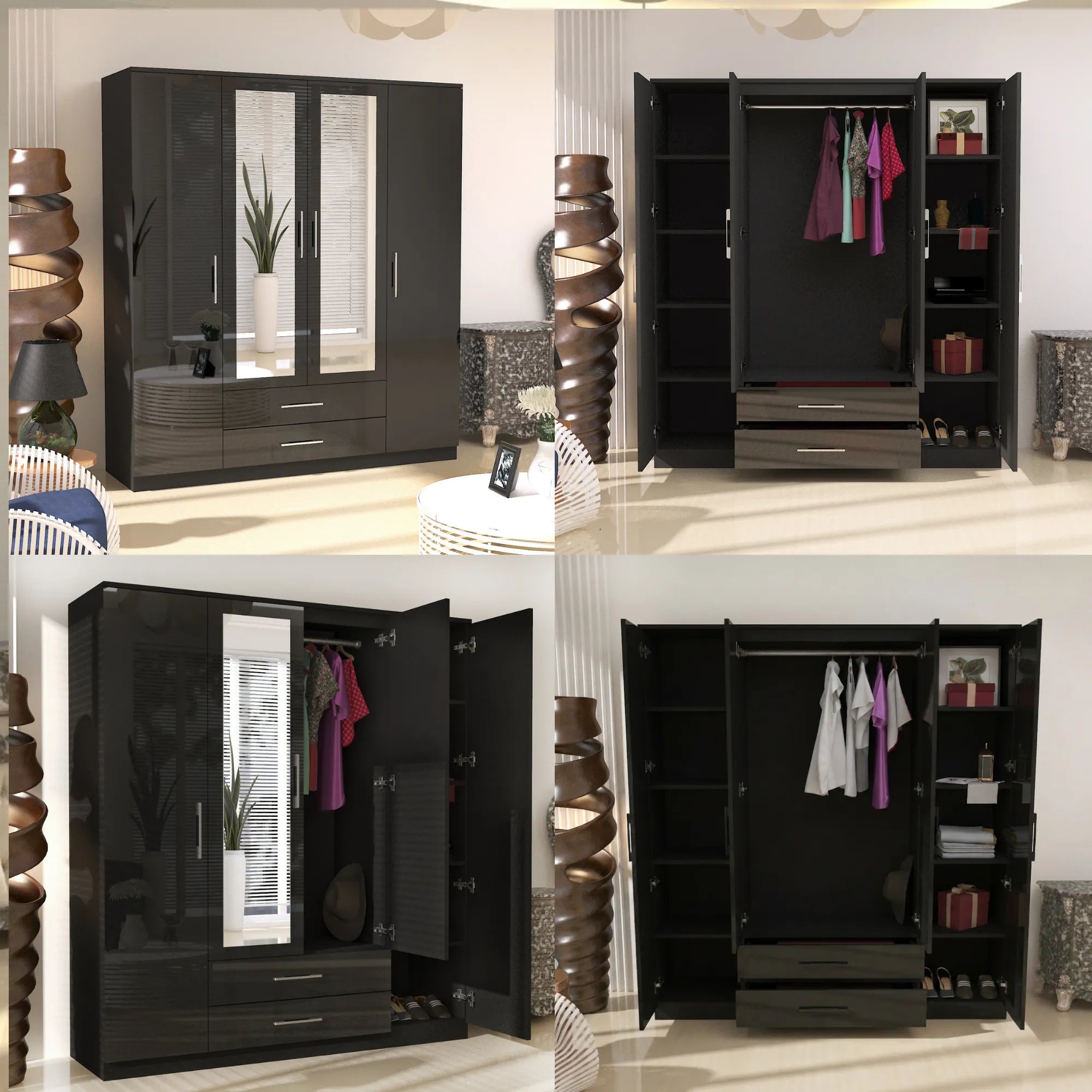 Verona 4 Doors Wardrobe | COLOR: Black | SIZE: 160cm , 180cm