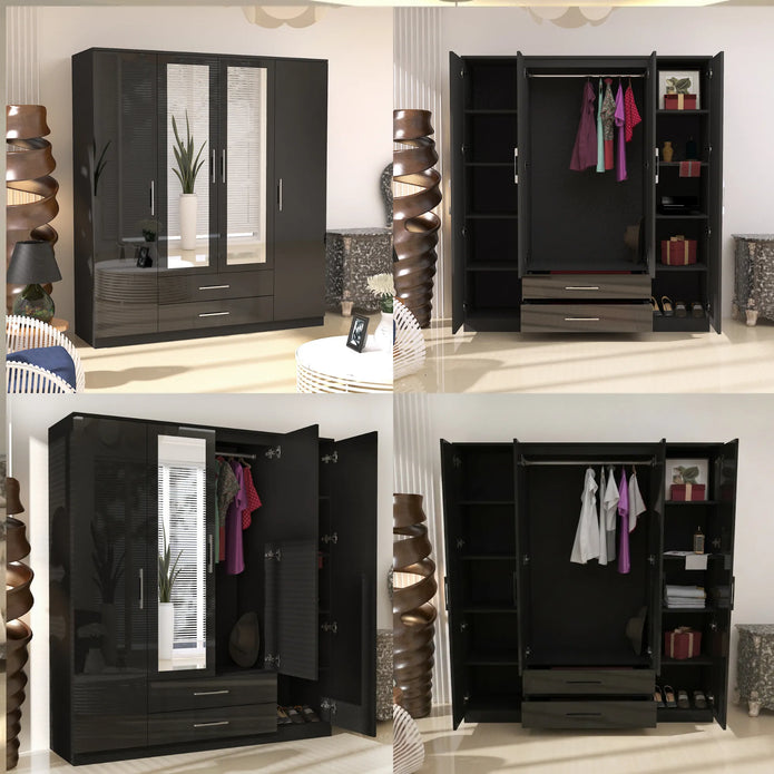 Verona 4 Doors Wardrobe | COLOR: Black | SIZE: 160cm , 180cm