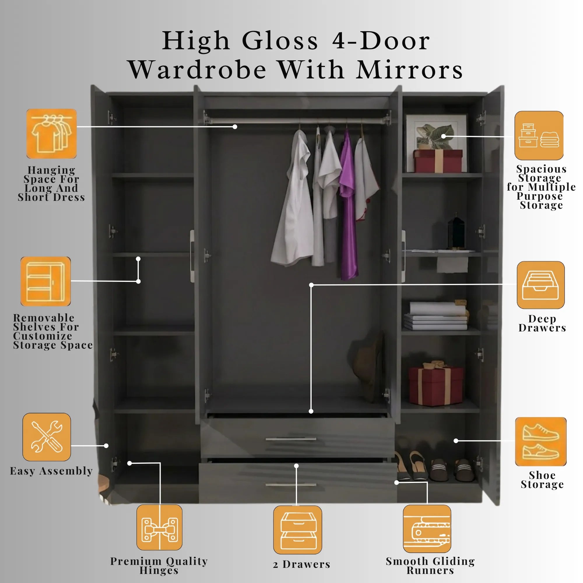 Verona 4 Doors Wardrobe | COLOR: DarkGray | SIZE: 160cm , 180cm